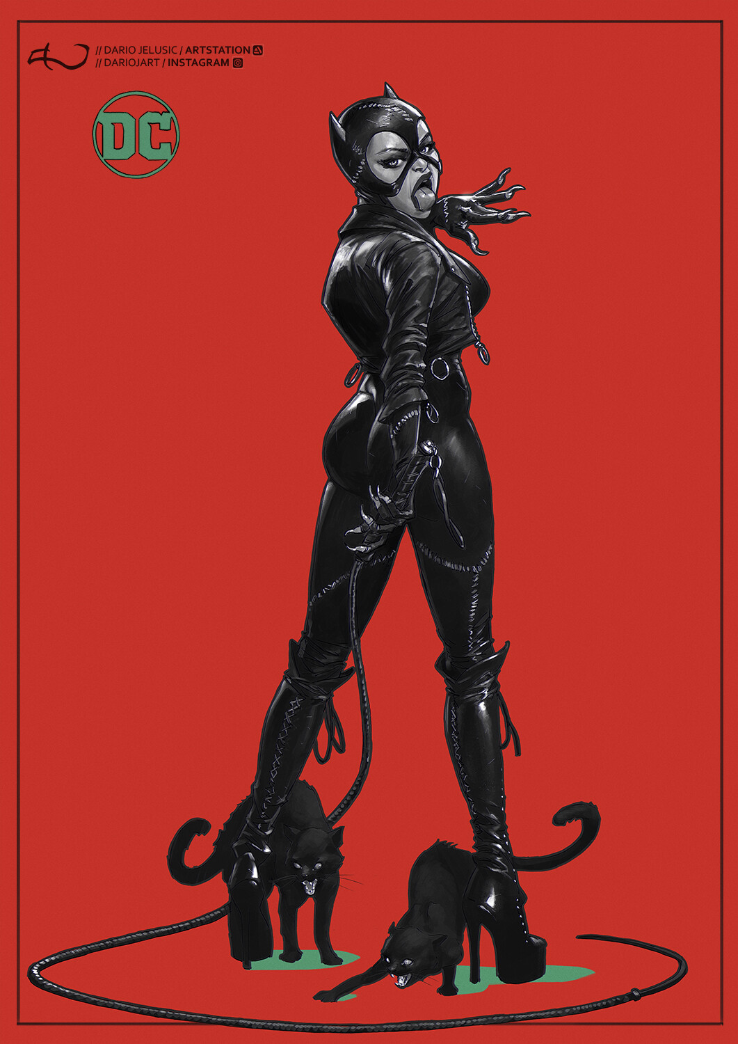 General 1061x1500 Dario Jelusic women Batman Catwoman artwork cats red background comic art tongues tongue out claws whips leather dress DC Comics comics superheroines