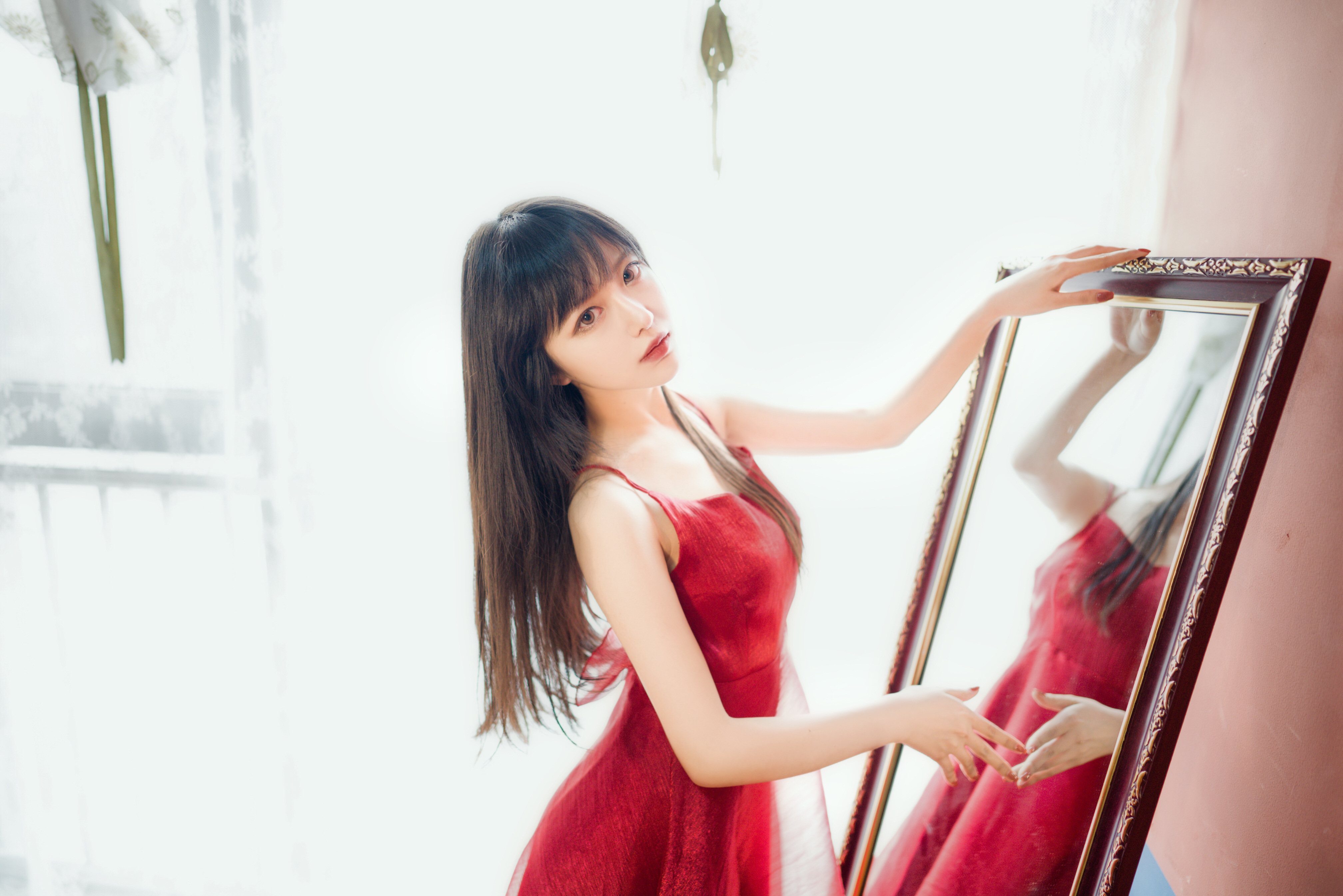 People 4032x2690 Asian dress women indoors women indoors brunette mirror reflection looking at viewer red dress red clothing standing long hair red lipstick