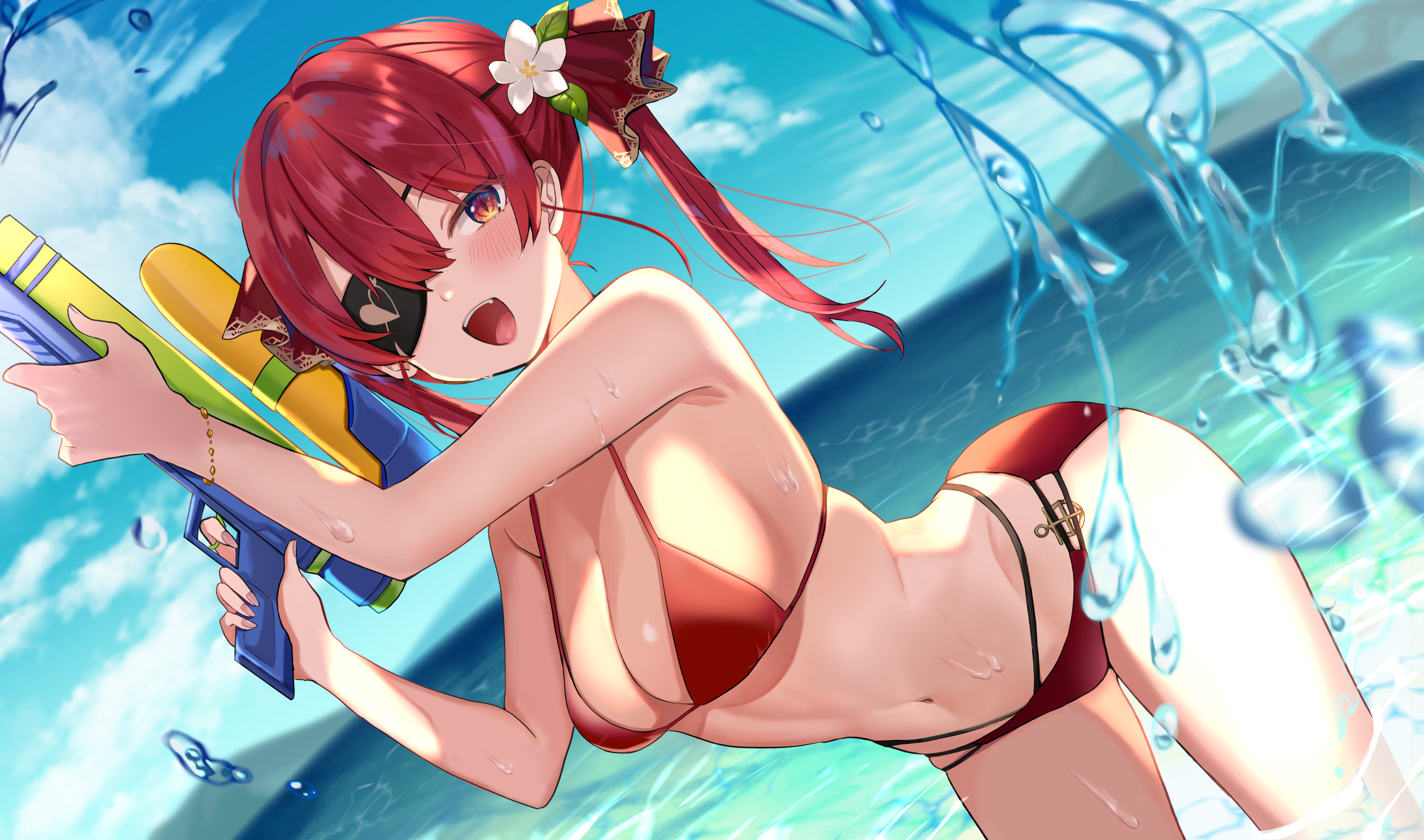 Anime 2522x1488 Houshou Marine Hololive anime anime girls bikini cleavage redhead twintails eyepatches brown eyes Satoupote Virtual Youtuber water drops water guns flower in hair wet body standing in water