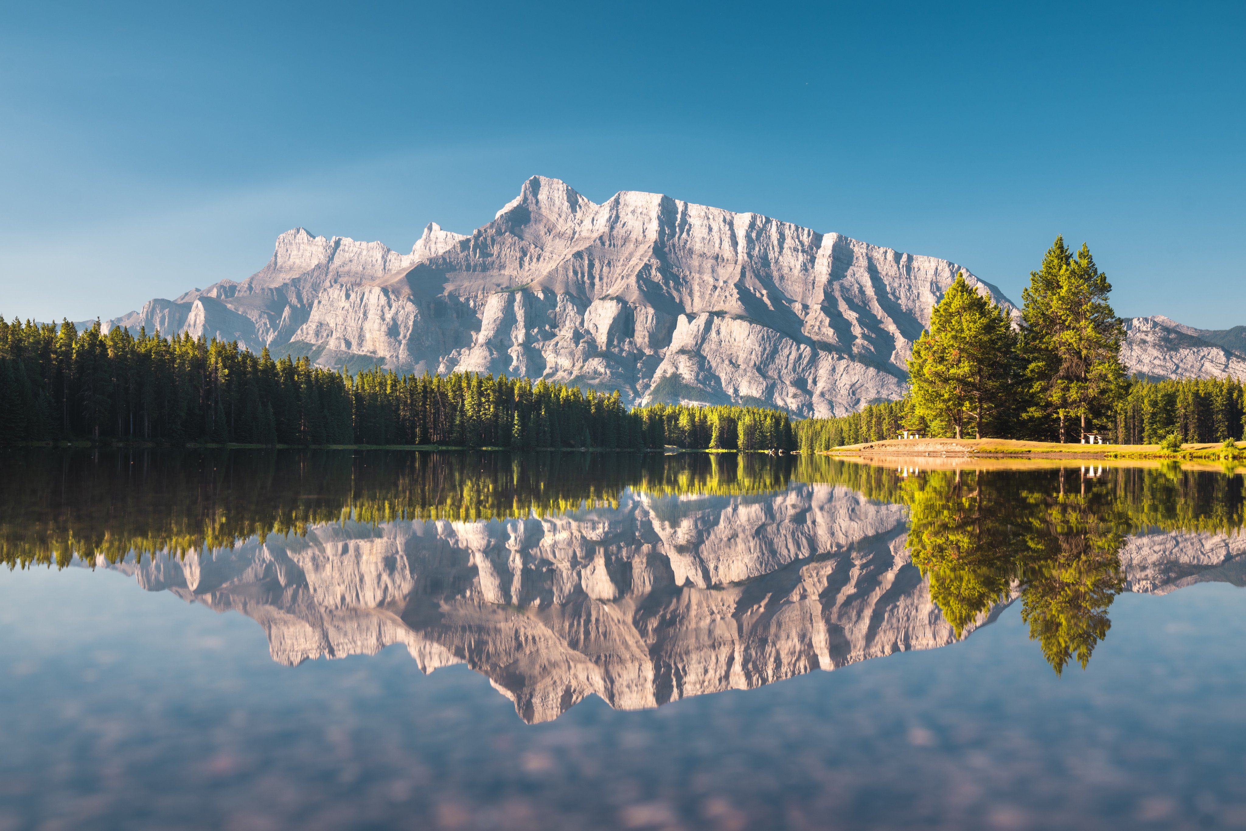 General 4096x2731 landscape nature mountains lake reflection pine trees forest Mount Rundle Two Jack Lake Canada Banff National Park