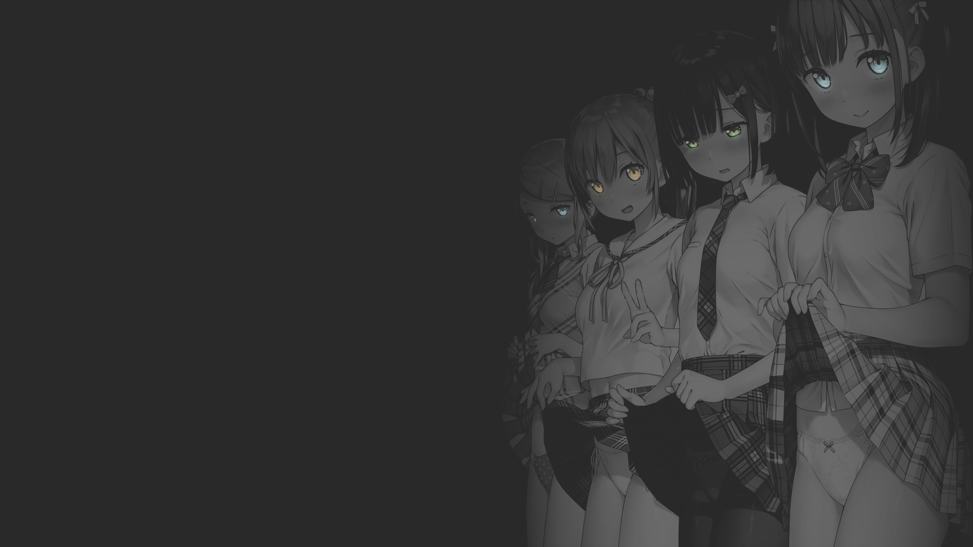 Anime 1920x1080 anime original characters anime girls illustration monochrome dark background school uniform selective coloring fan art group of women underwear panties lifting skirt tie aqua eyes green eyes yellow eyes hand gesture standing looking at viewer Kantoku Afterschool of the 5th year