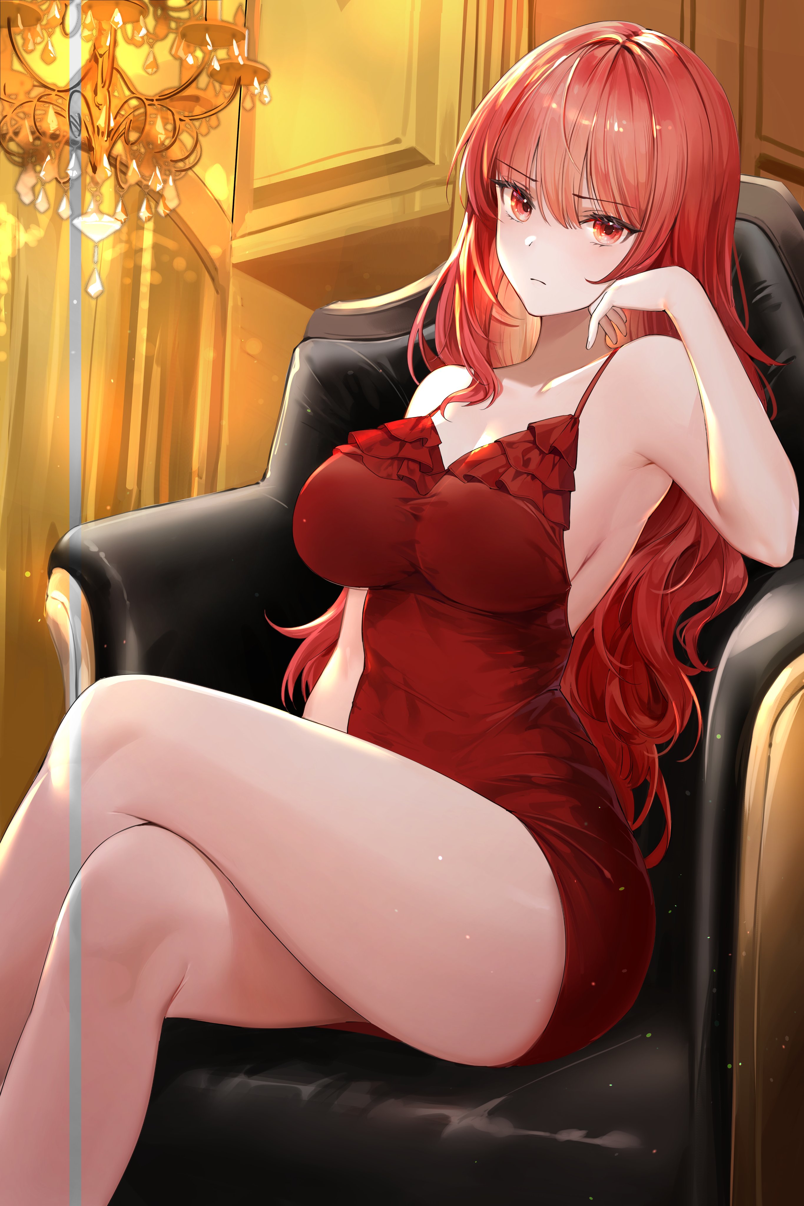 Anime 2731x4096 anime anime girls redhead red eyes looking at viewer red dress dress legs crossed big boobs artwork lillly