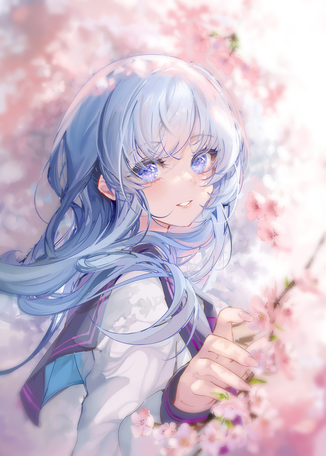 Anime 1071x1500 original characters blue eyes blue hair flowers cherry trees looking at viewer blushing school uniform long hair