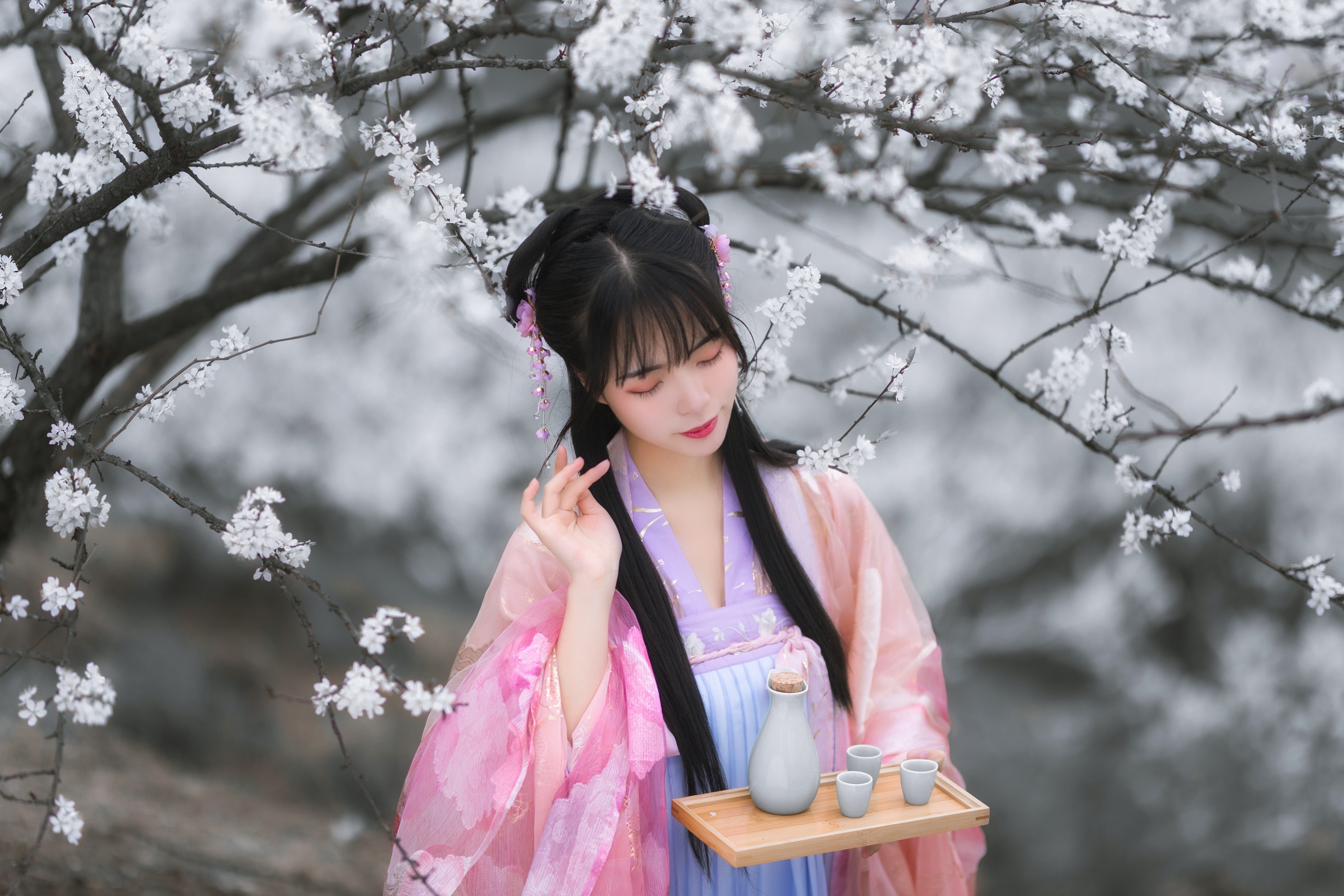 People 2700x1800 women model Chinese model women outdoors long hair dark hair trees flowers Asian hanfu