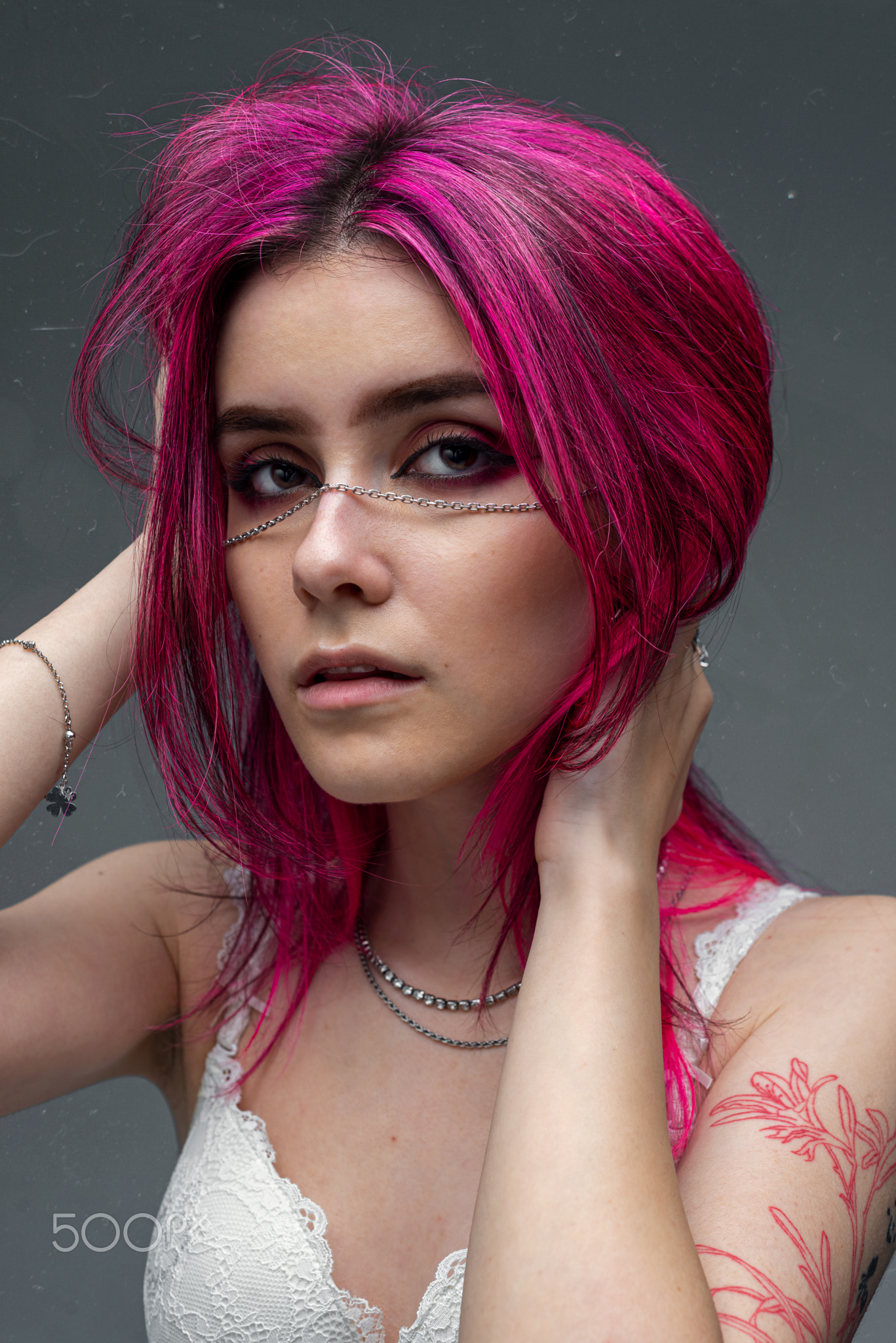 People 1367x2048 Oleg Kolomiychenko women pink hair holding hair eyeshadow jewelry face indoors bra eyeliner model