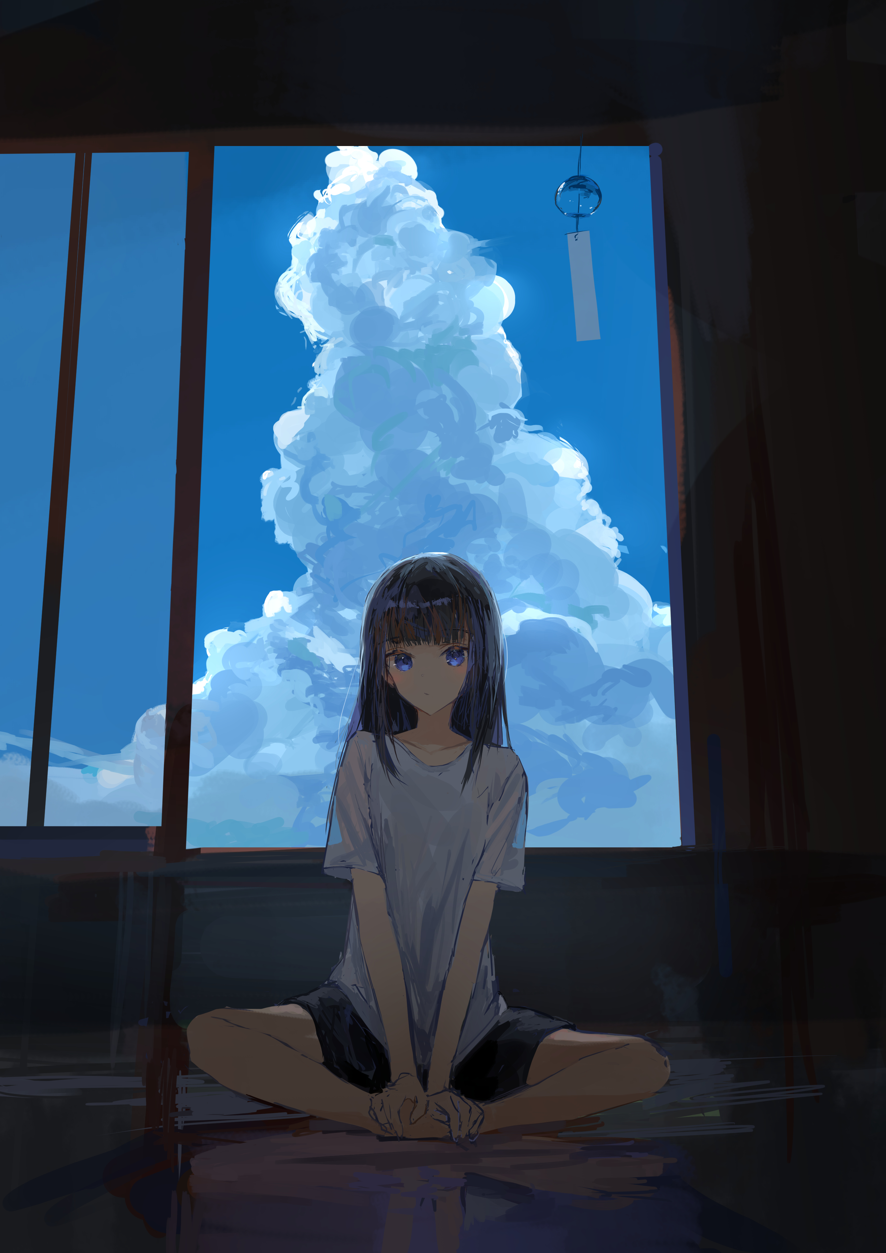Anime 2894x4093 anime anime girls clouds blue eyes digital art