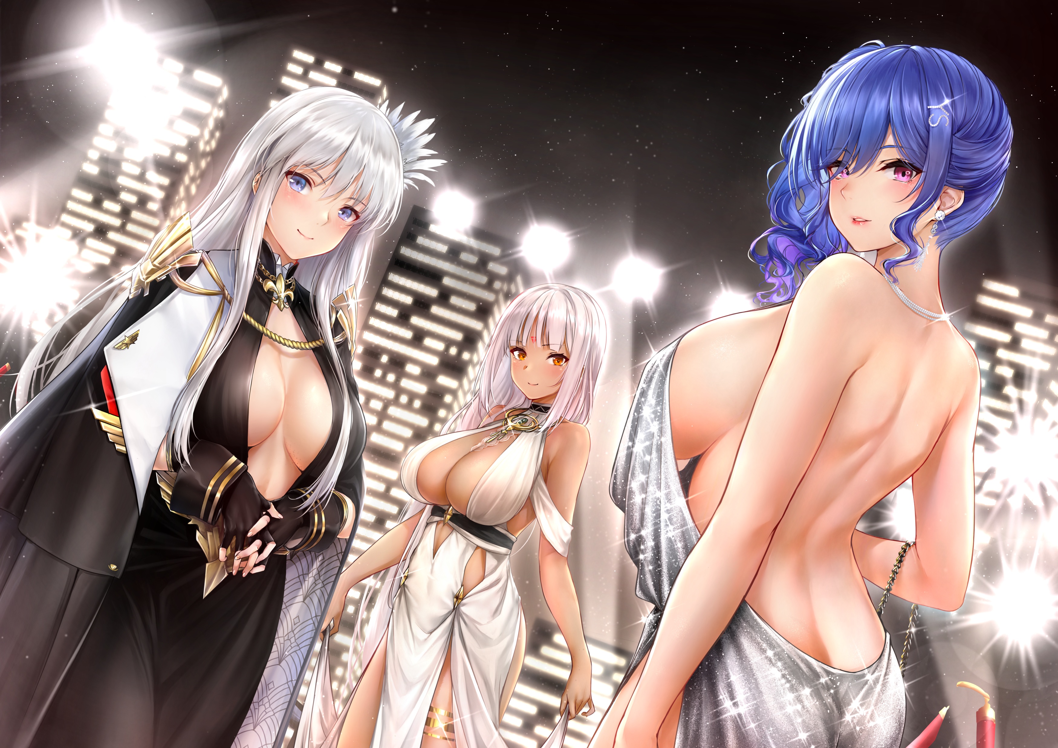 Anime 3500x2475 anime anime girls big boobs huge breasts dress cleavage blue hair white hair Rei Kun