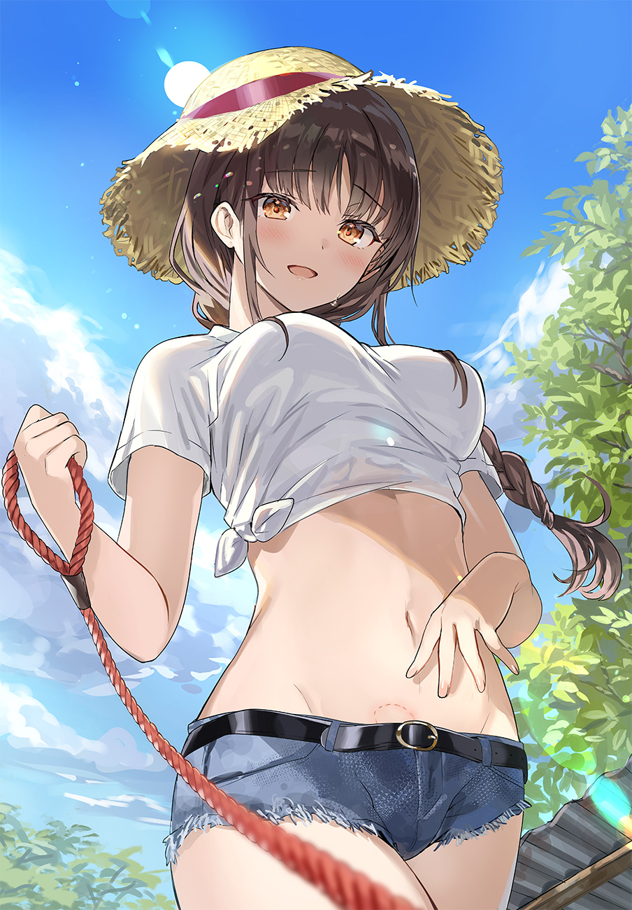 Anime 904x1300 anime anime girls big boobs white shirt straw hat short shorts long hair belly biting leash