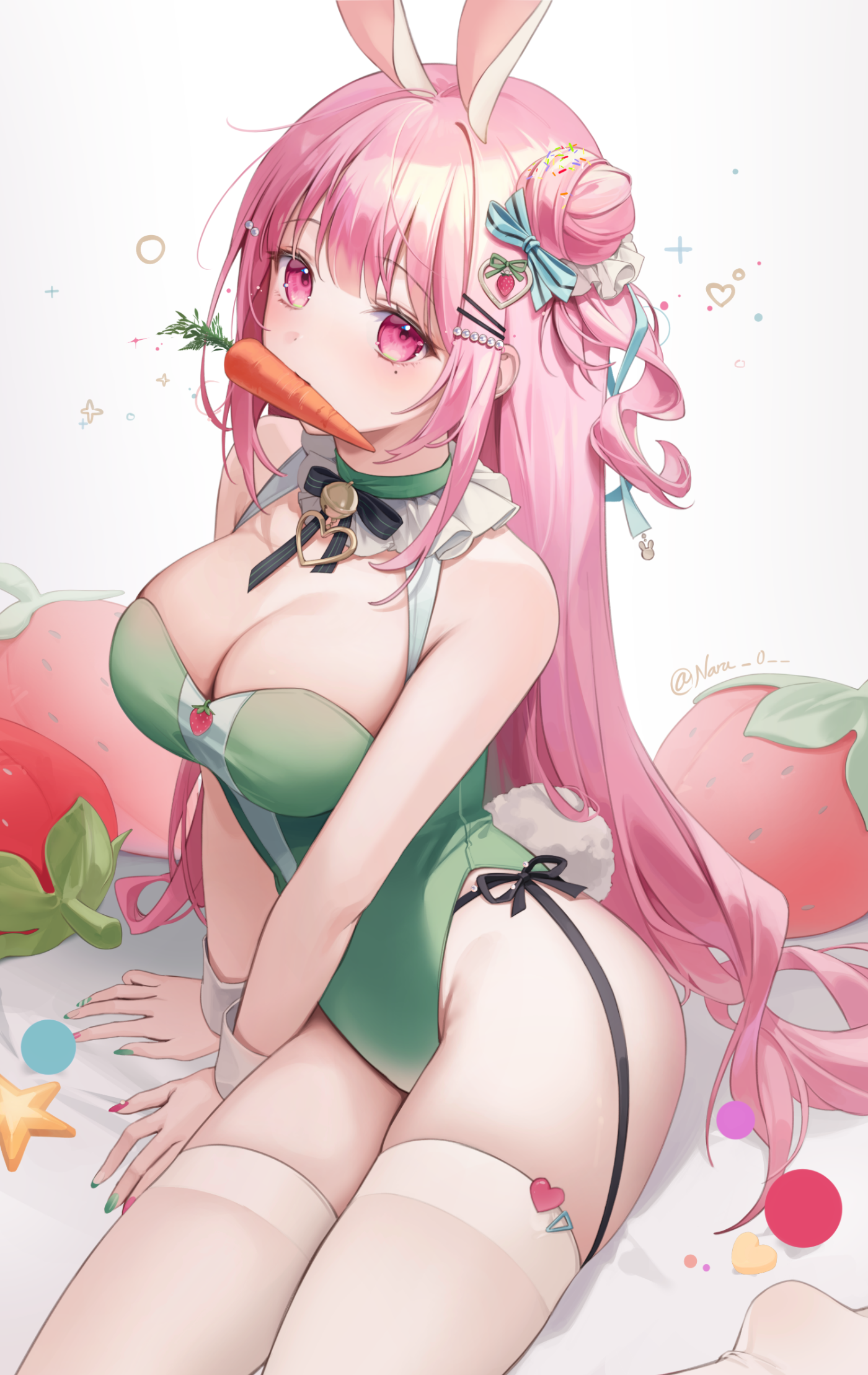 Anime 1400x2217 bunny girl anime girls bunny suit bunny ears stockings pink hair white background cleavage bunny tail carrots big boobs