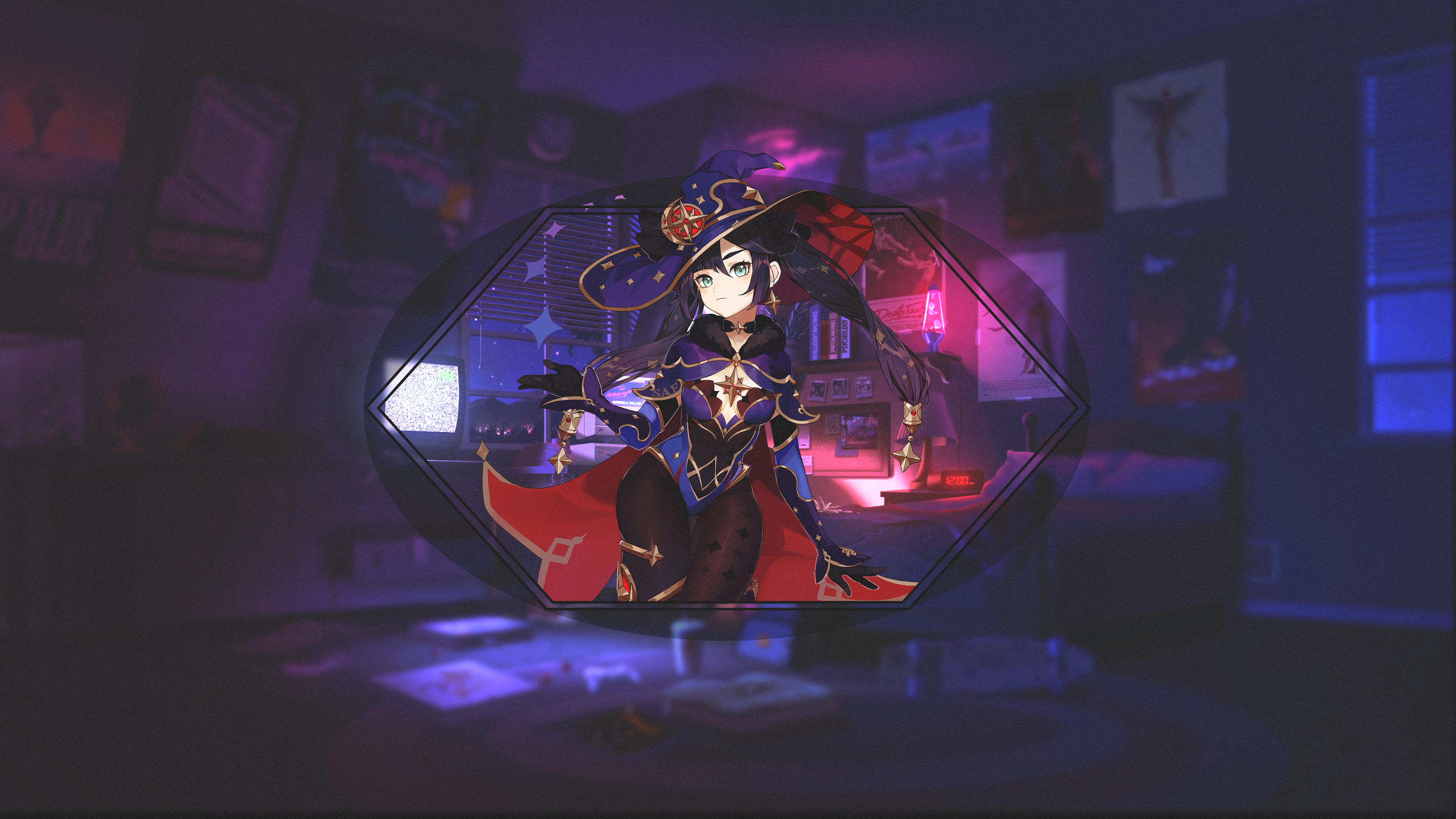 Anime 3840x2160 Mona (Genshin Impact) Genshin Impact witch fan art night robes water anime girls room witch hat picture-in-picture
