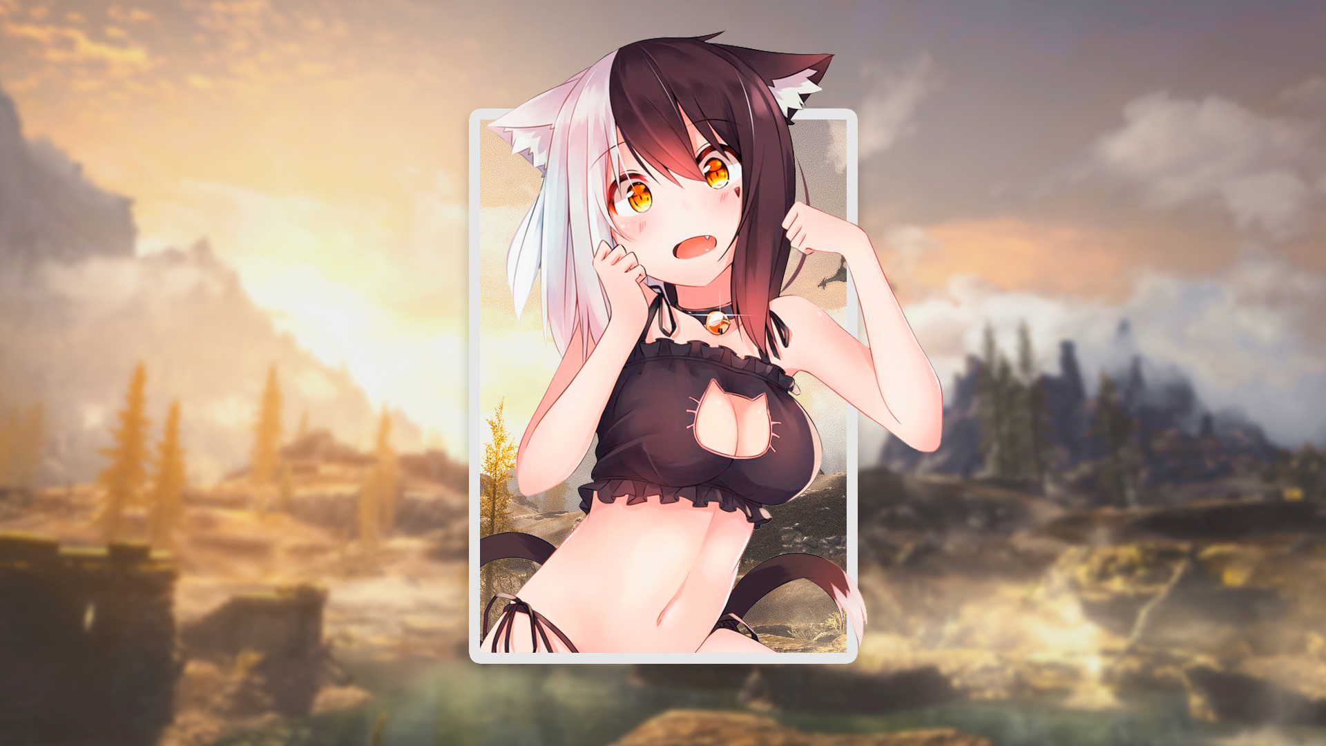 Anime 1920x1080 cat girl yellow eyes two tone hair picture-in-picture cleavage cutout