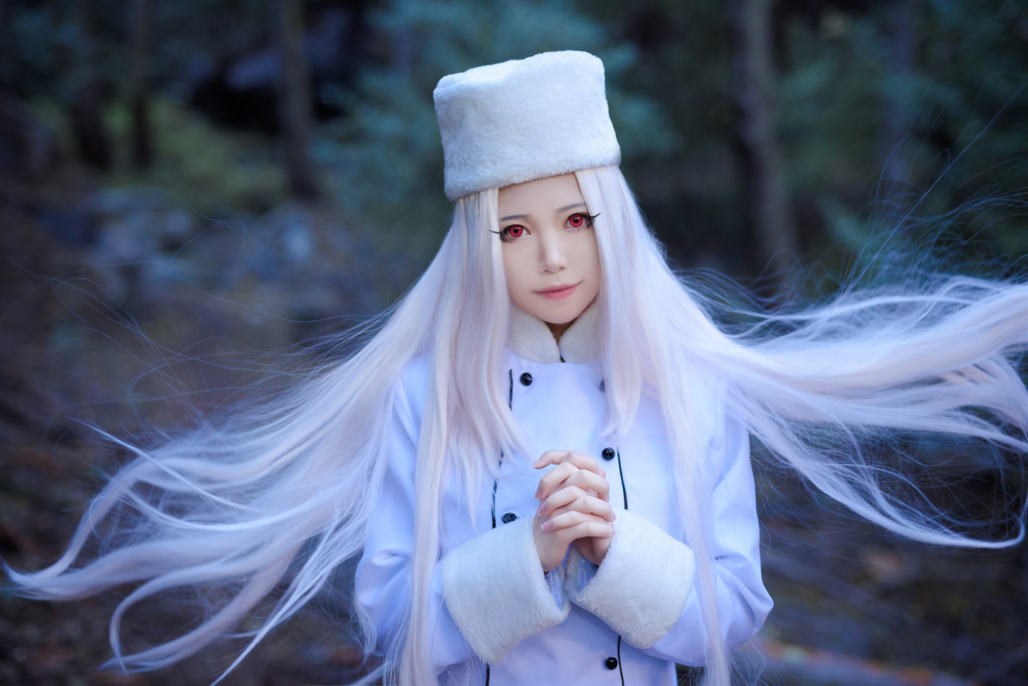 People 2048x1367 cosplay Fate series Irisviel von Einzbern white hair white clothing women outdoors red eyes forest women