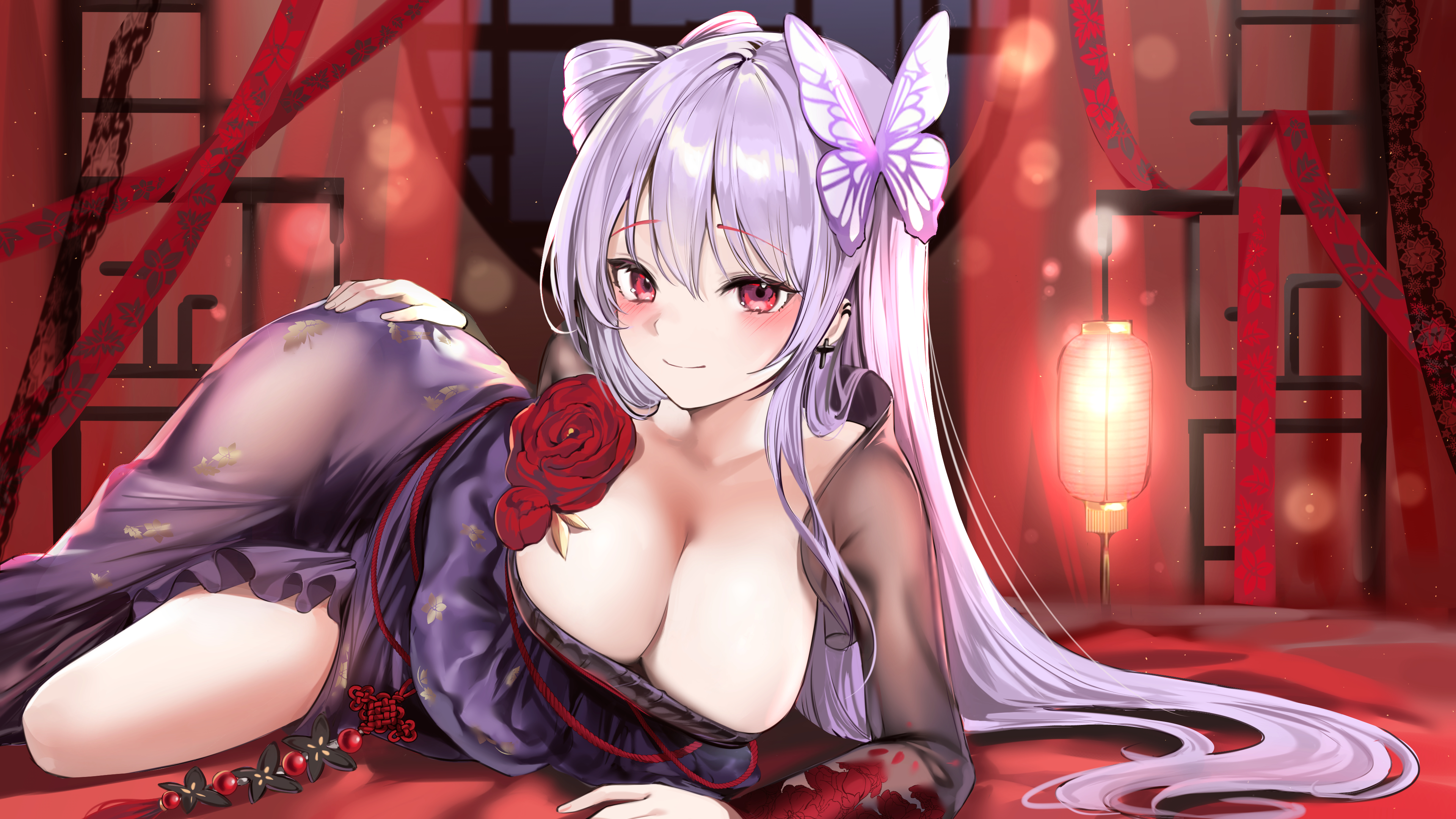 Anime 3840x2160 anime girls original characters lillly cleavage dress wide hips purple hair smiling red eyes in bed lying on side hands on ass arm support