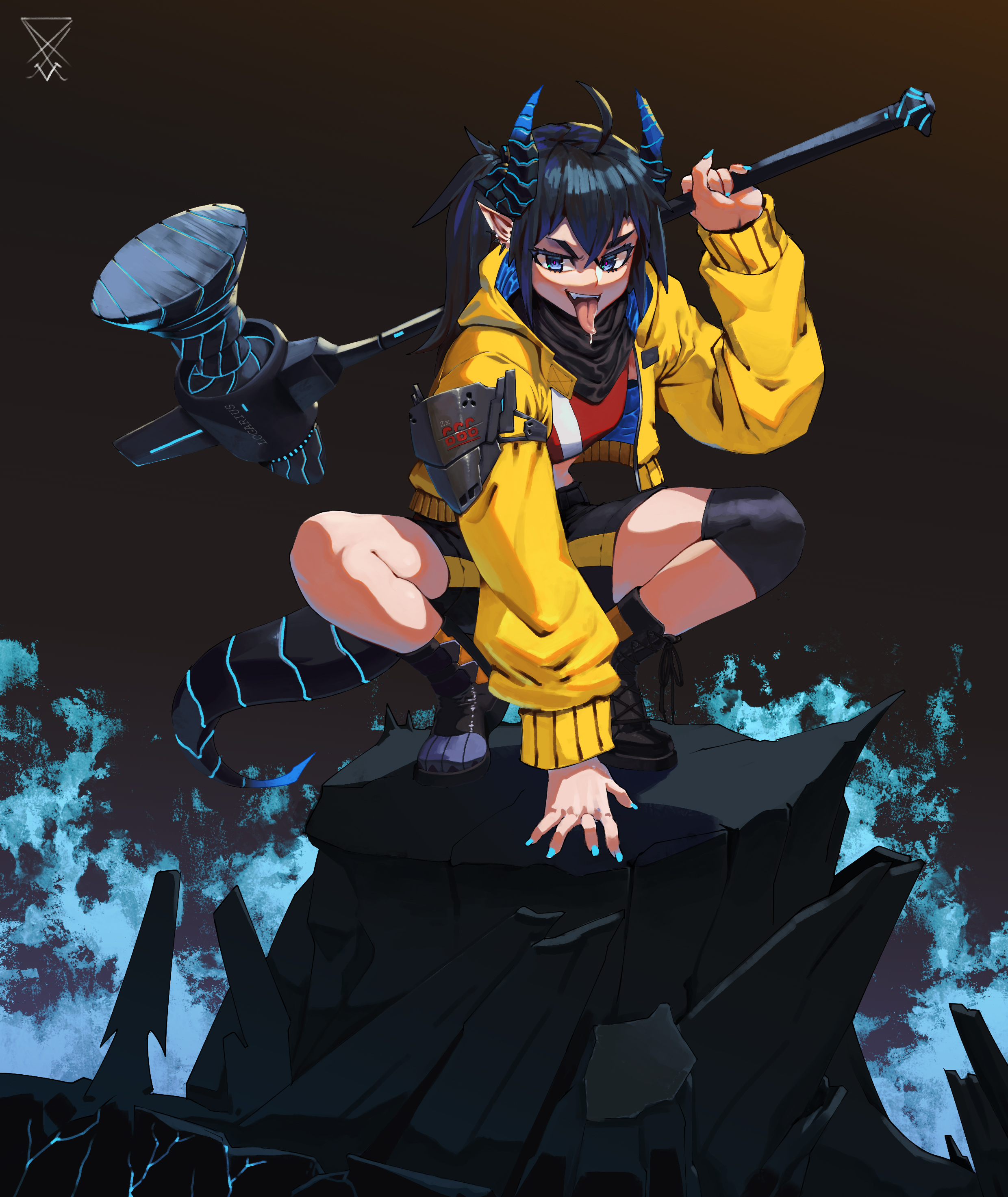 Anime 2480x2946 dragon girl Radoriko 0 original characters anime girls squatting horns tail pointy ears tongue out weapon hammer