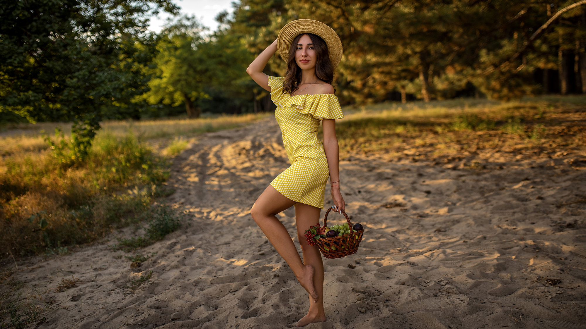 People 2000x1125 women skinny yellow dress women outdoors brunette hat smiling fruit polka dots necklace trees pointed toes