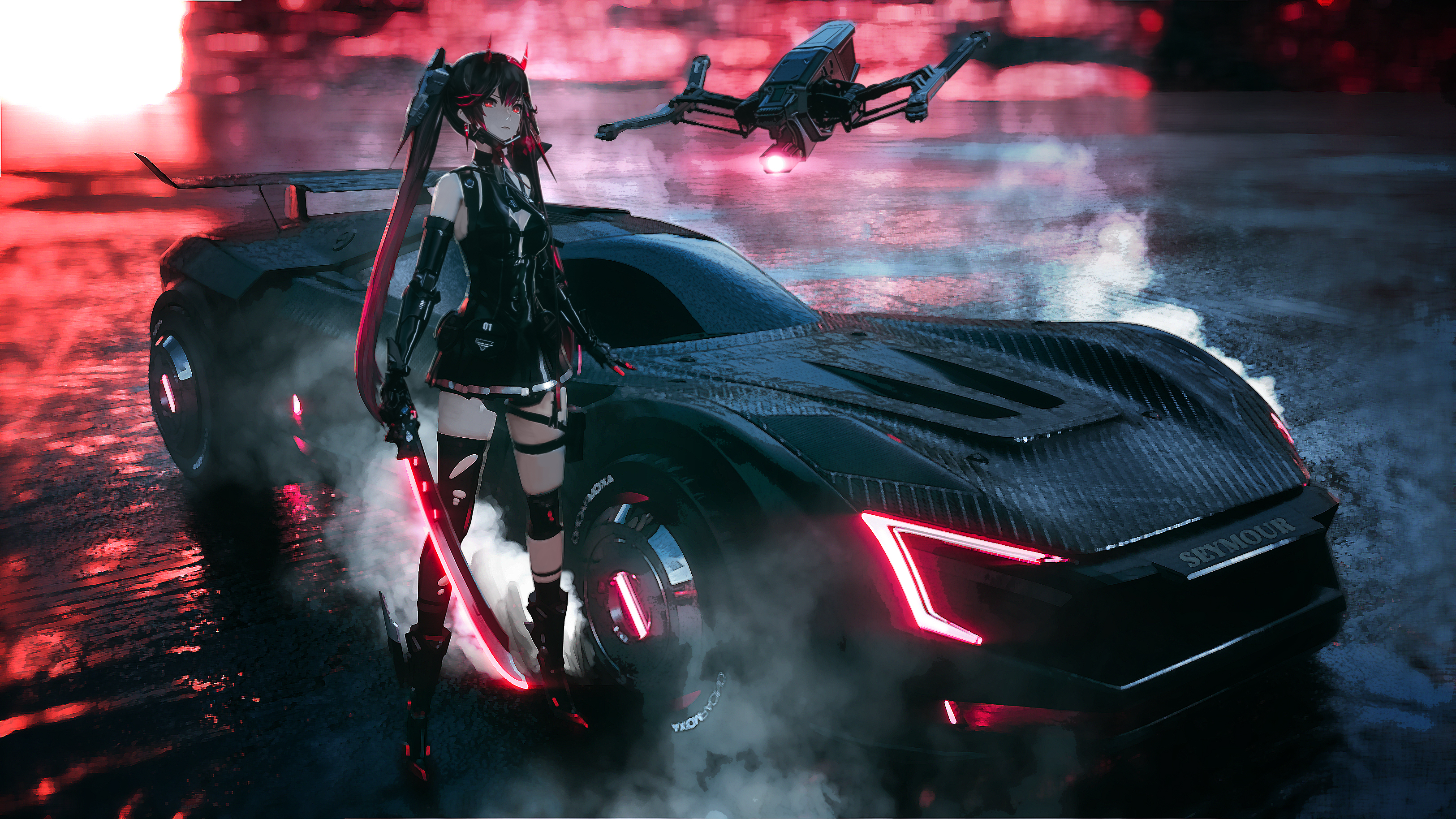 Anime 3250x1828 Seymour science fiction anime girls Punishing: Gray Raven race cars car drone sword