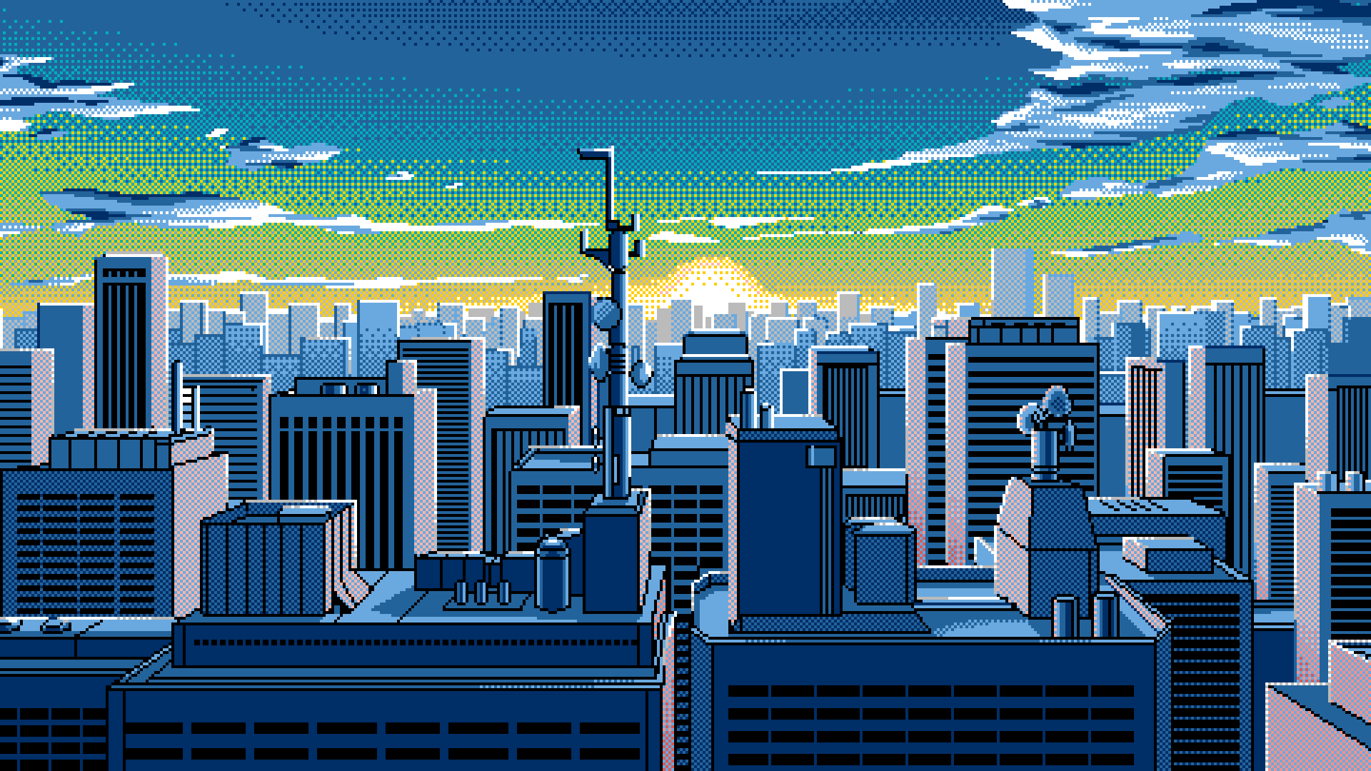 General 1920x1080 pixel art artwork city sunrise skyline cityscape rooftops antenna