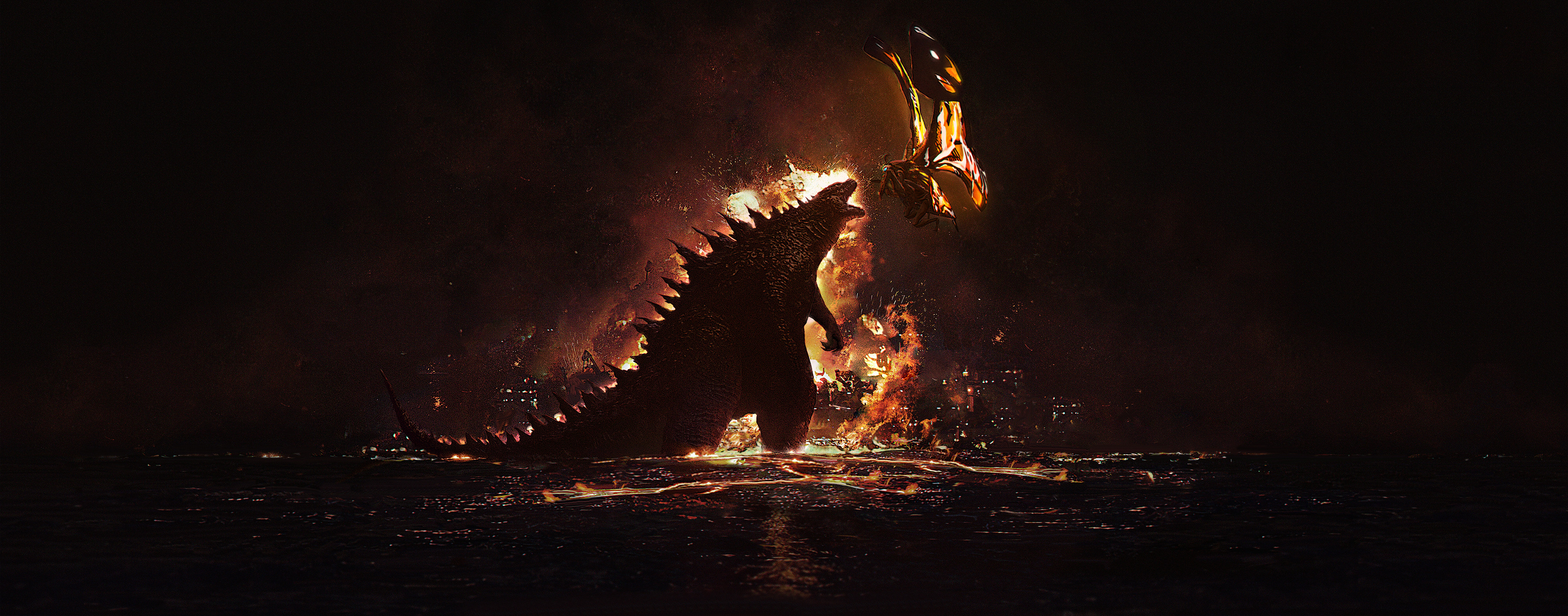 General 3600x1416 Godzilla artwork battle dark fire David Bocquillon Carrasco fighting Mothra movie characters