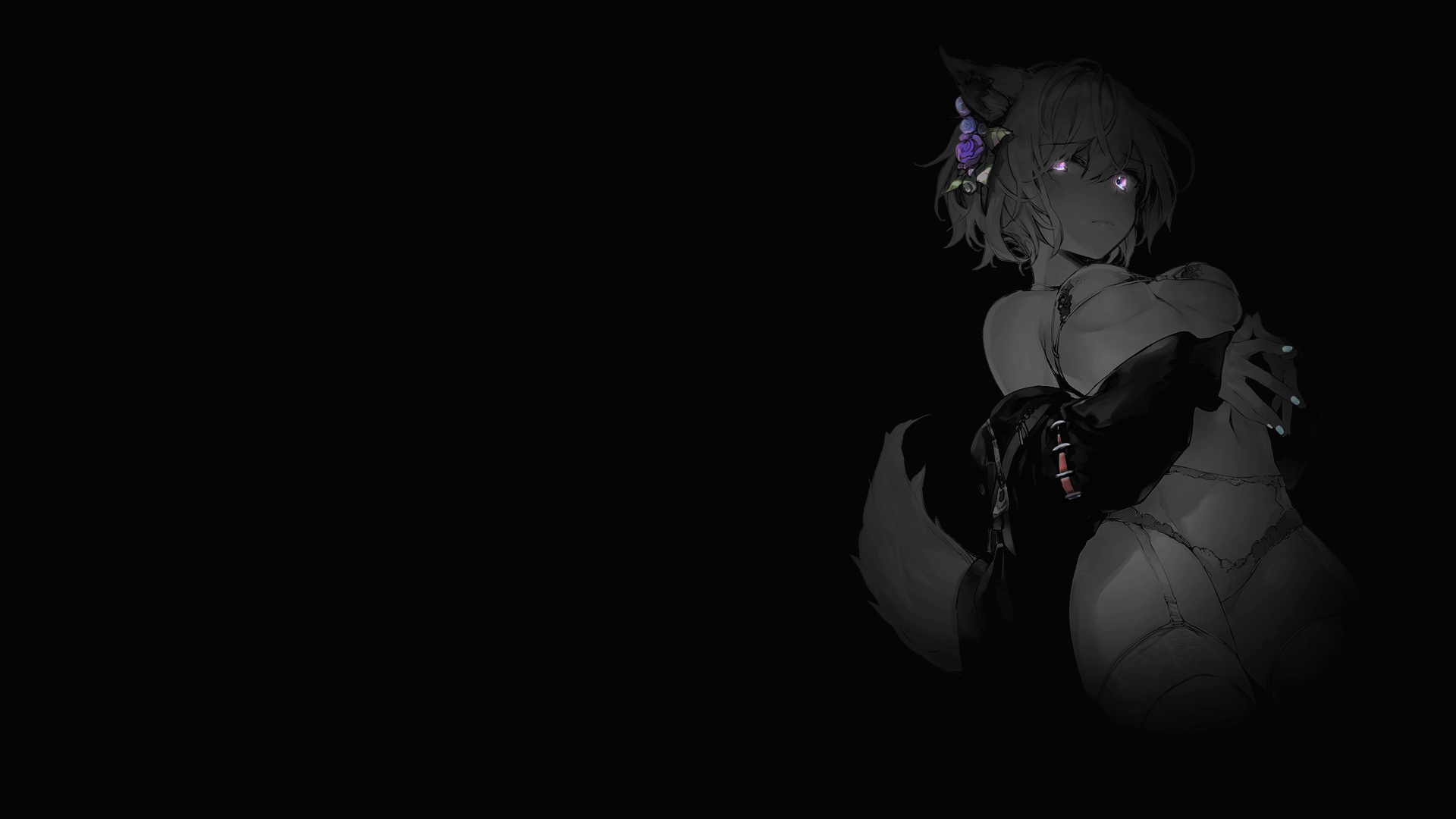 Anime 1920x1080 selective coloring simple background dark background black background anime girls fox girl fox ears fox tail stockings garter belt lingerie boobs underboob