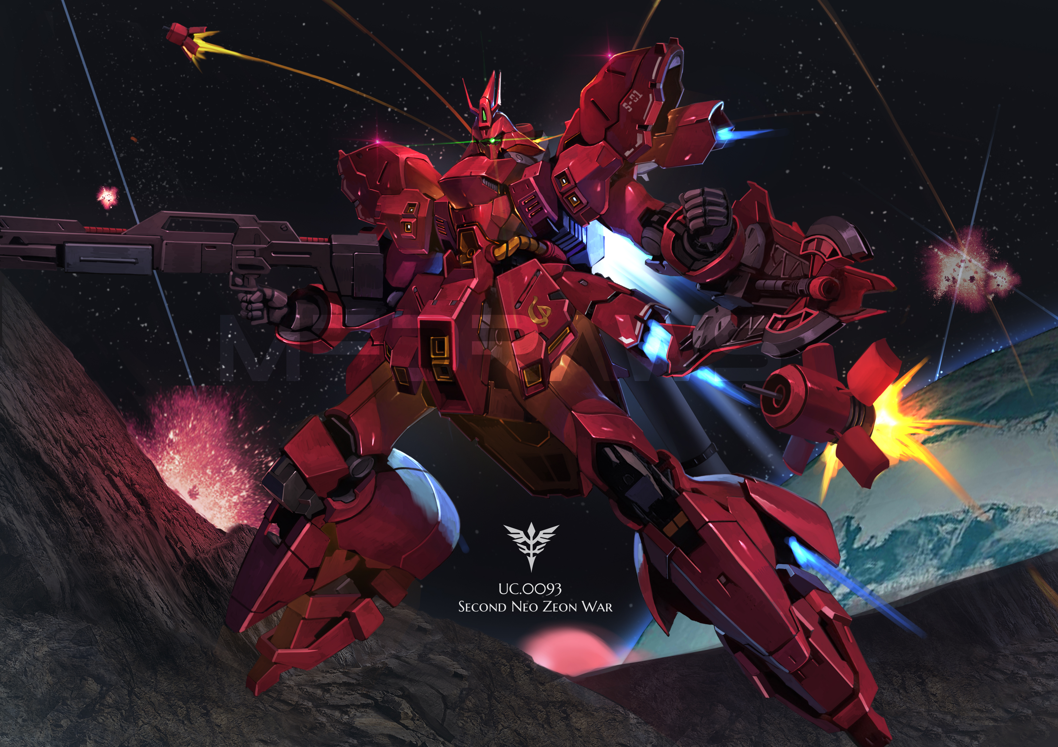 Anime 3508x2480 anime mechs Super Robot Taisen Mobile Suit Gundam Char&#039;s Counterattack Sazabi Mobile Suit artwork digital art fan art