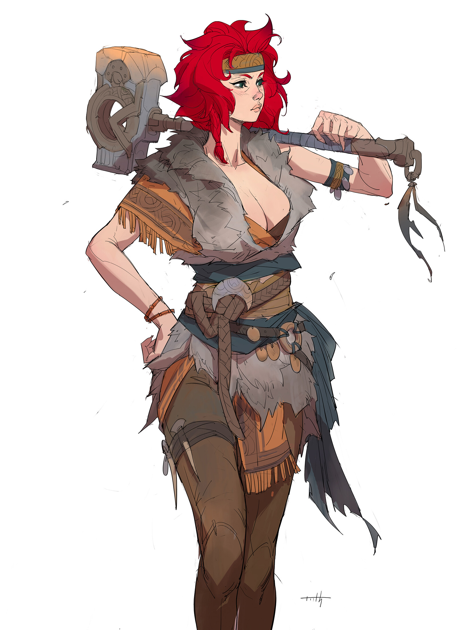 General 1616x2200 artwork women white background simple background fantasy art fantasy girl Tooth Wu redhead cleavage standing long hair looking away hammer girls with guns