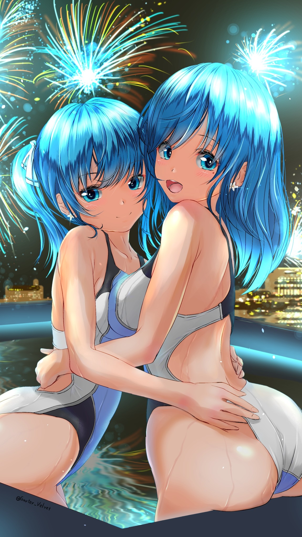Anime 1150x2047 anime girls original characters Garter-Velvet two women blue hair one-piece swimsuit ass fireworks blue eyes