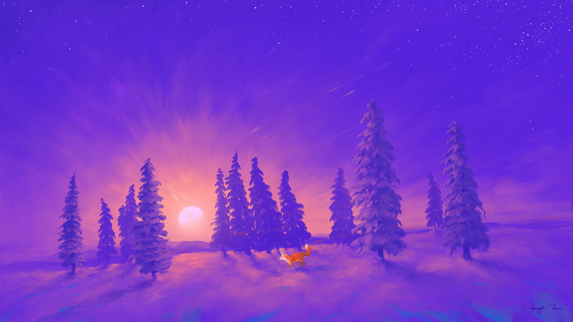 General 1920x1080 digital painting landscape sunrise snow fox BisBiswas