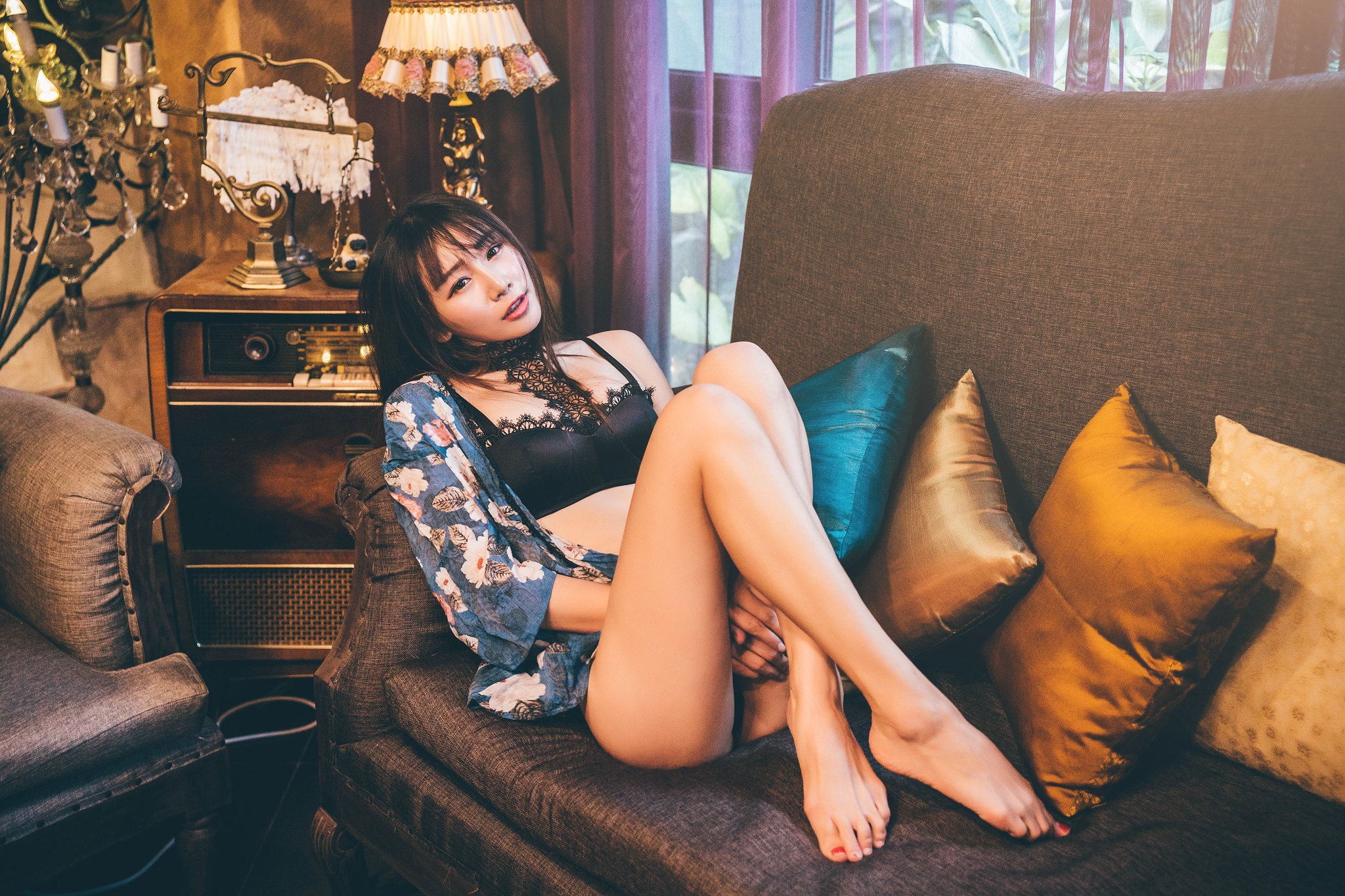People 2048x1365 women Asian dark hair lingerie lace legs barefoot legs crossed couch pillow looking at viewer pointed toes Chinese Chinese model Sexy Funk Pig