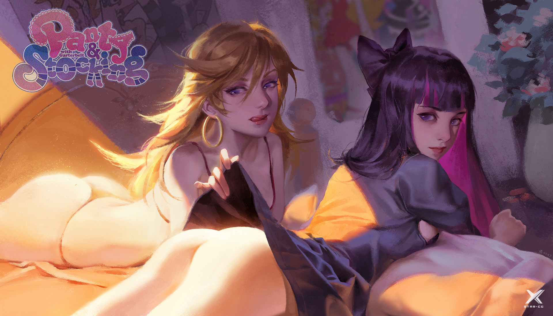 General 1920x1097 artwork women blonde dark hair ass Panty and Stocking with Garterbelt Anarchy Panty Anarchy Stocking