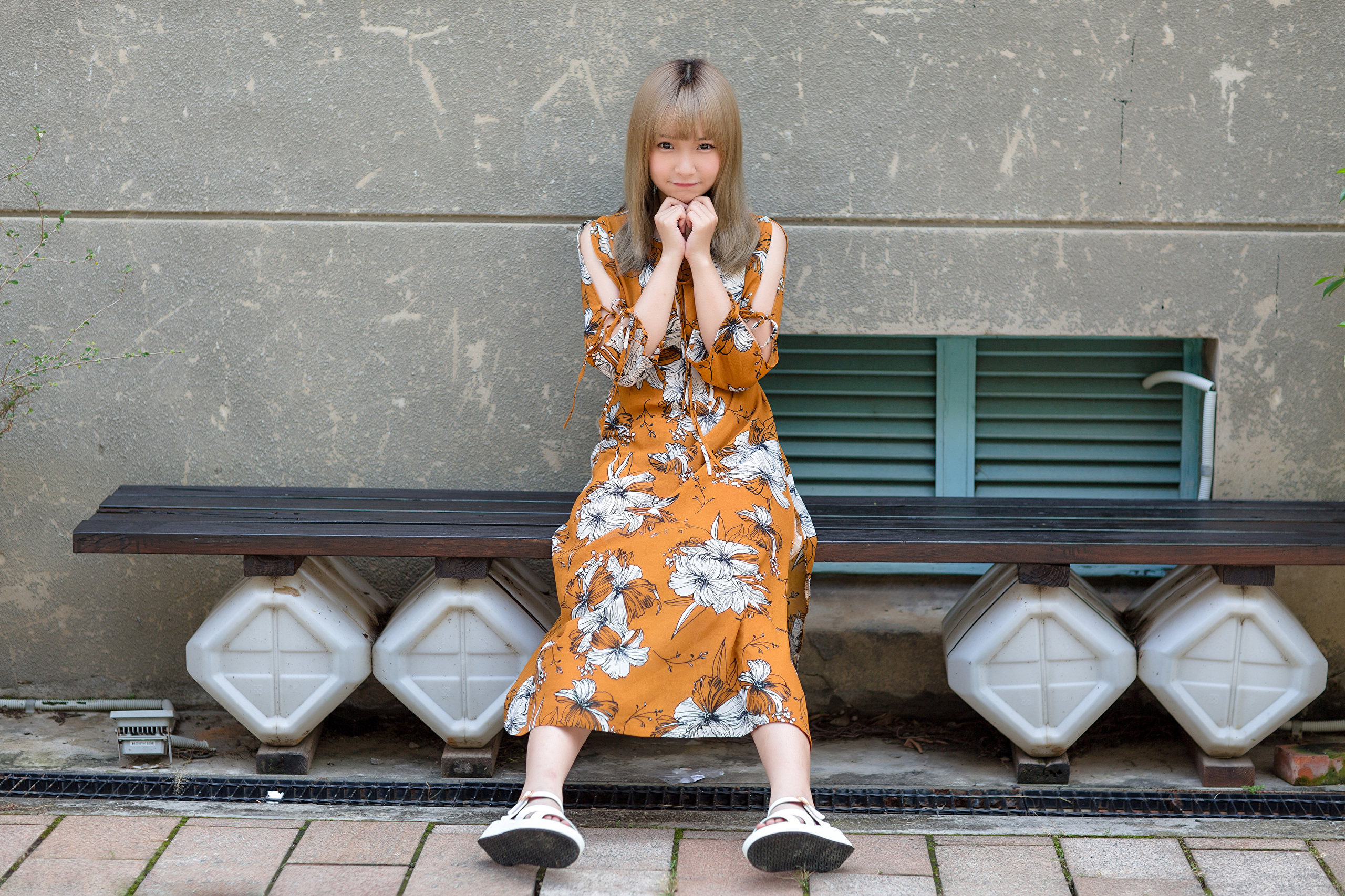 People 2560x1706 Asian model women long hair brunette flower dress sitting bench barefoot sandal wall drains