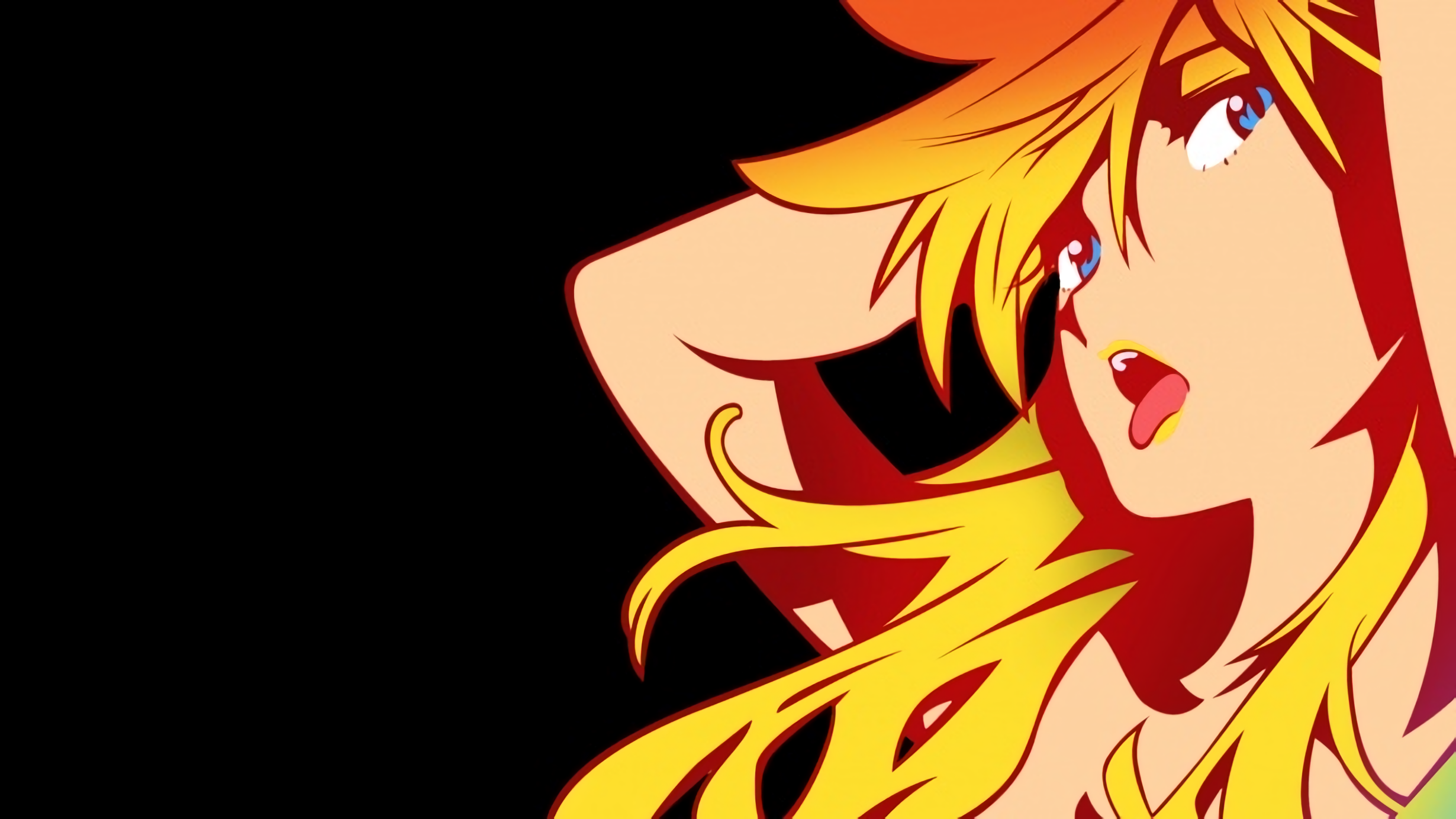 Anime 2460x1384 blue eyes tongue out simple background long hair face black background blonde anime girls