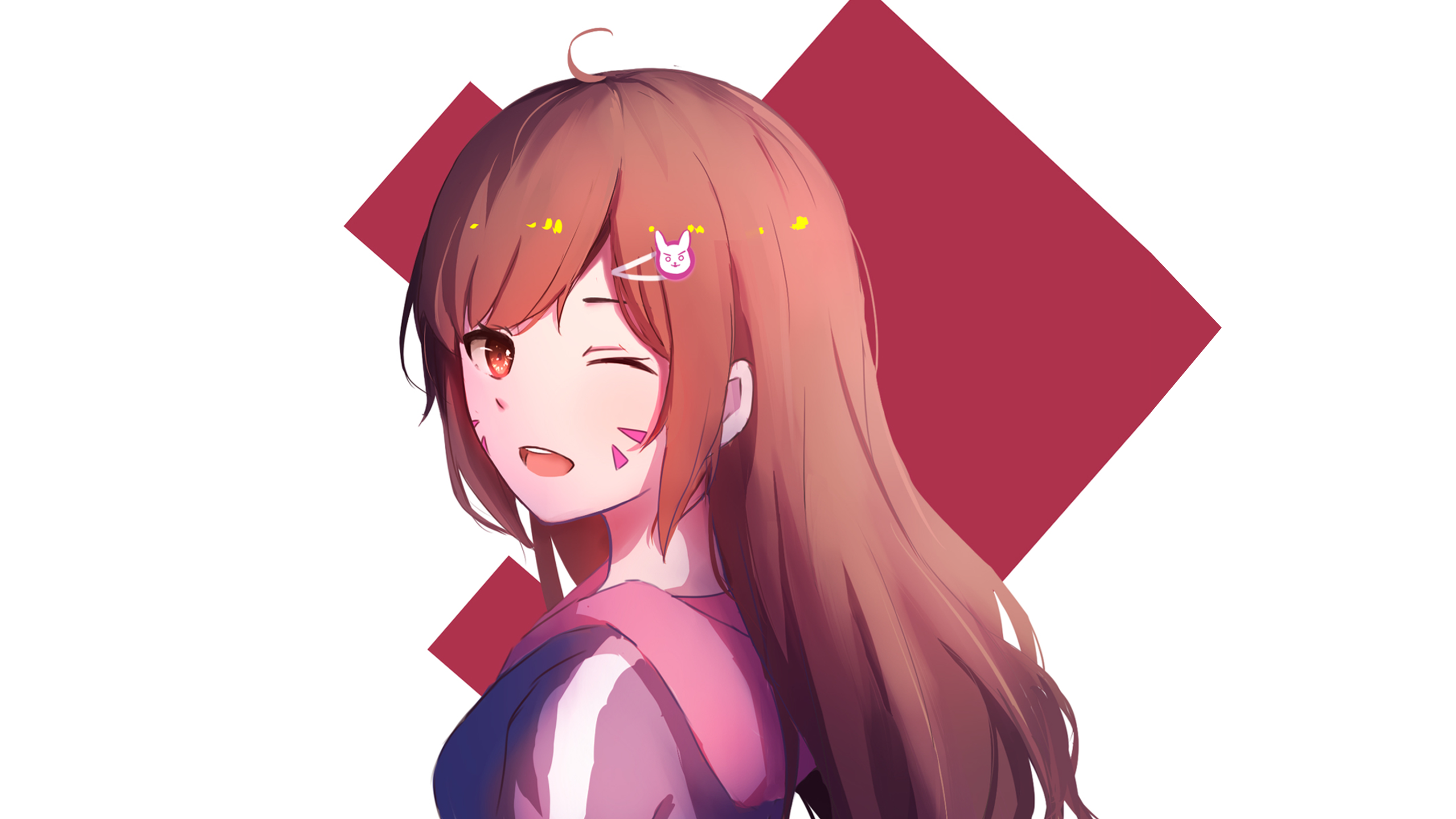 Anime 2560x1440 Overwatch D.Va (Overwatch) PC gaming video game art video game girls one eye closed simple background white background long hair red eyes open mouth looking at viewer