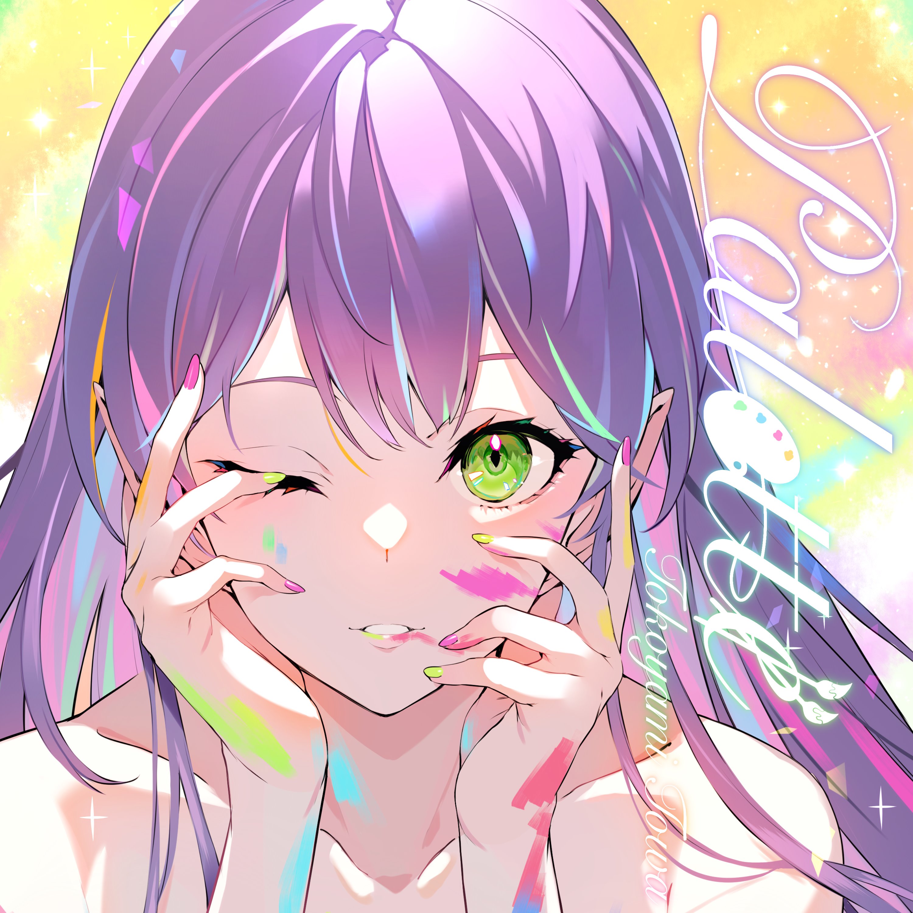 Anime 3000x3000 anime girls Hololive Tokoyami Towa purple hair Kakage green eyes Virtual Youtuber one eye closed bare shoulders