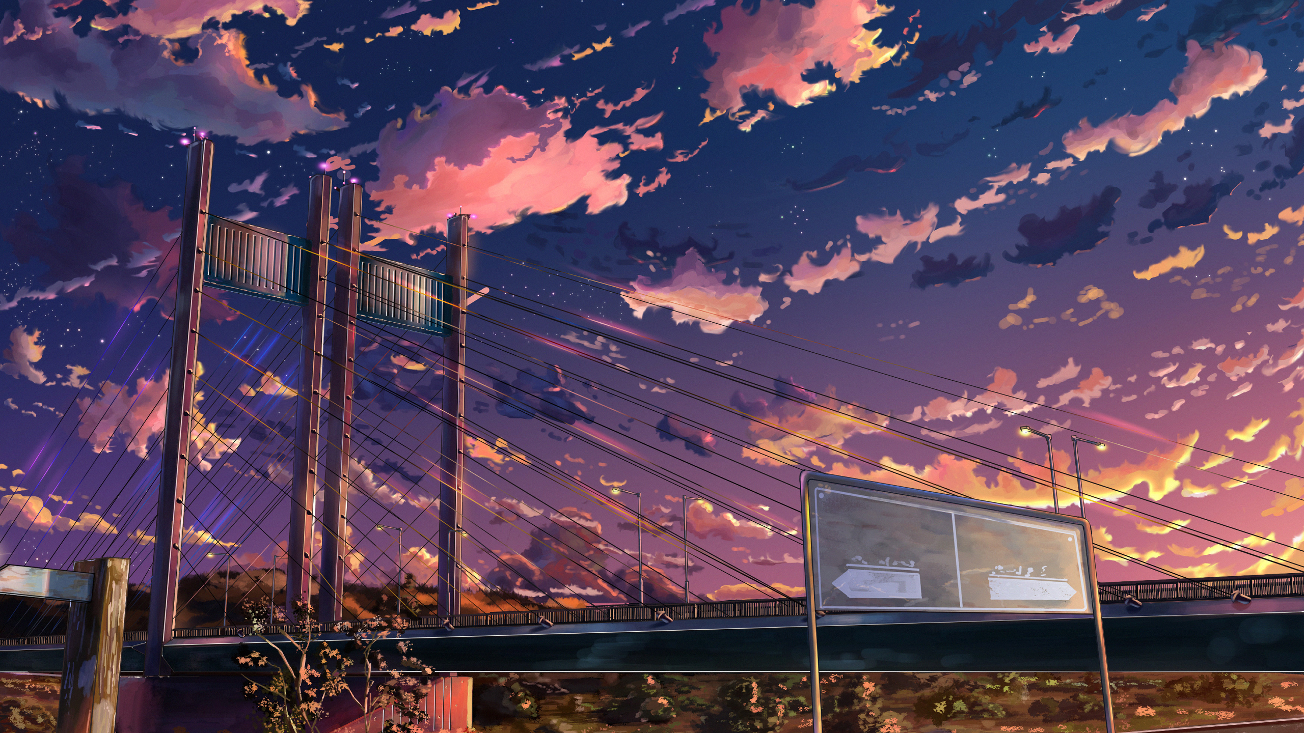 Anime 2560x1440 anime bridge cityscape sky clouds