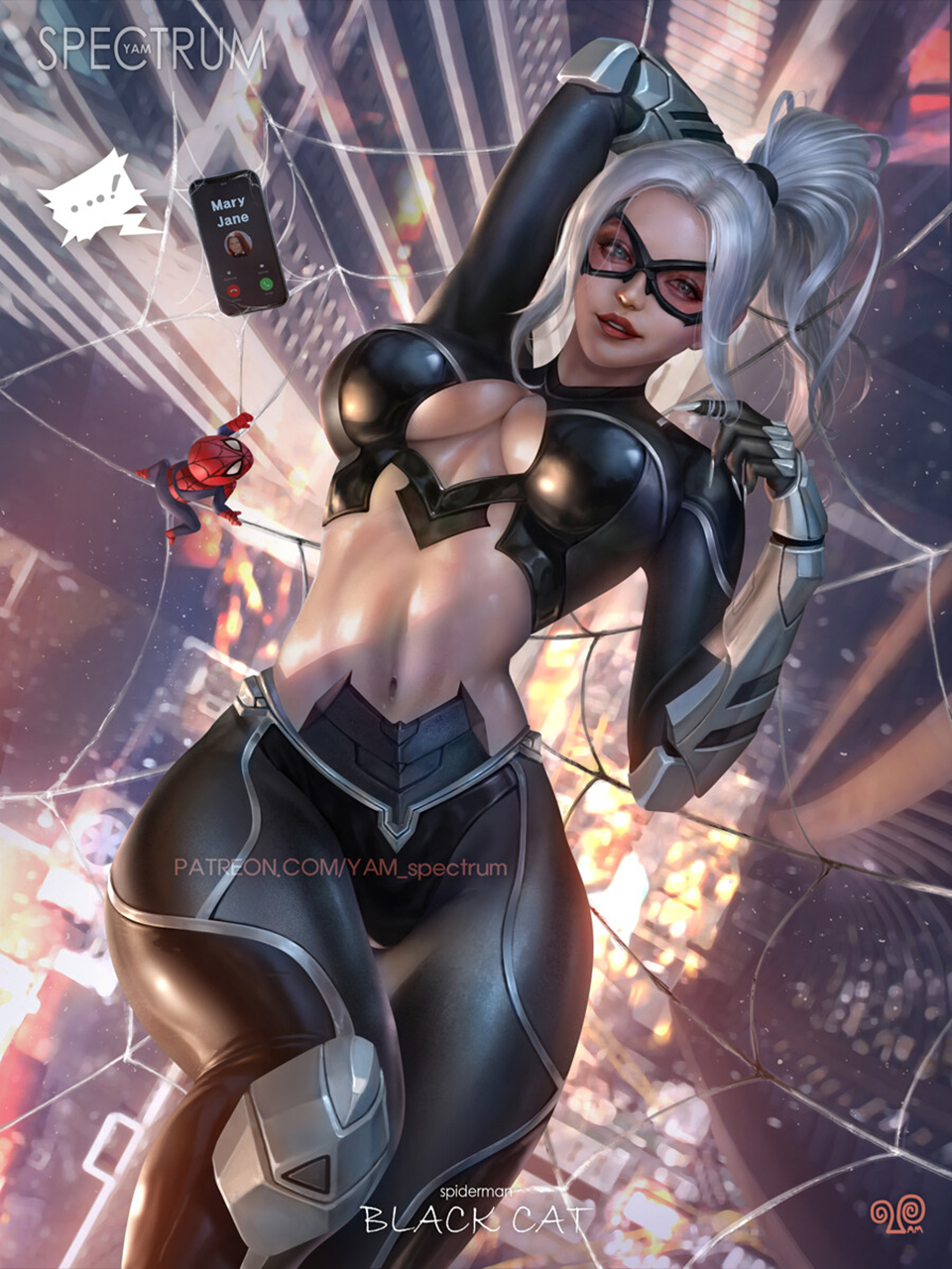 General 960x1280 Mansik Yang drawing Marvel Comics Spider-Man women Black Cat skimpy clothes black clothing spiderwebs phone top view frontal view speech bubble