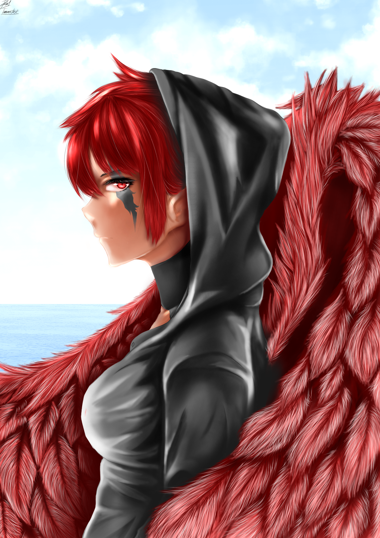 Anime 1240x1754 anime girl with wings anime anime girls wings redhead red eyes