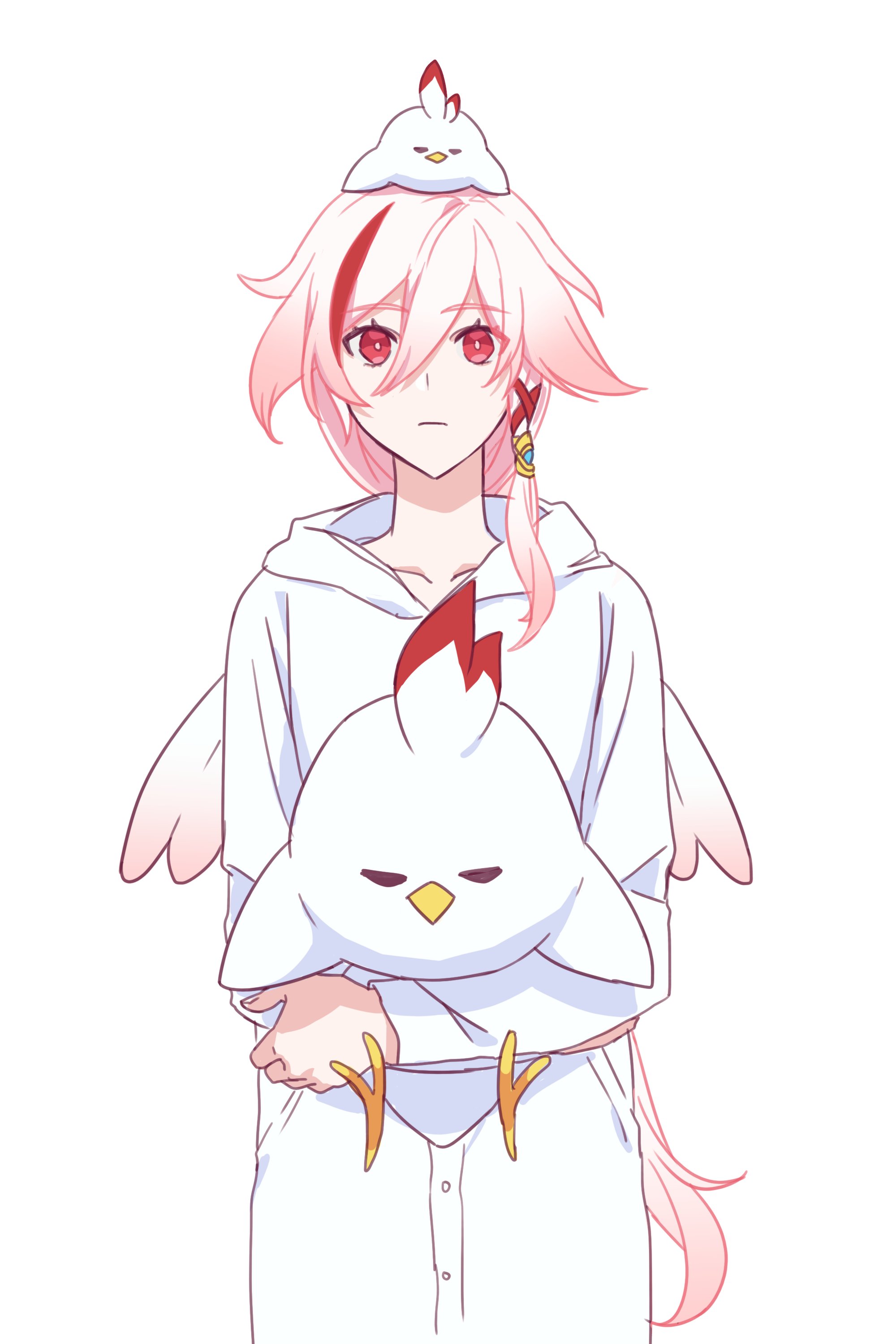 Anime 2000x3000 pink hair chickens wings red eyes simple background white background