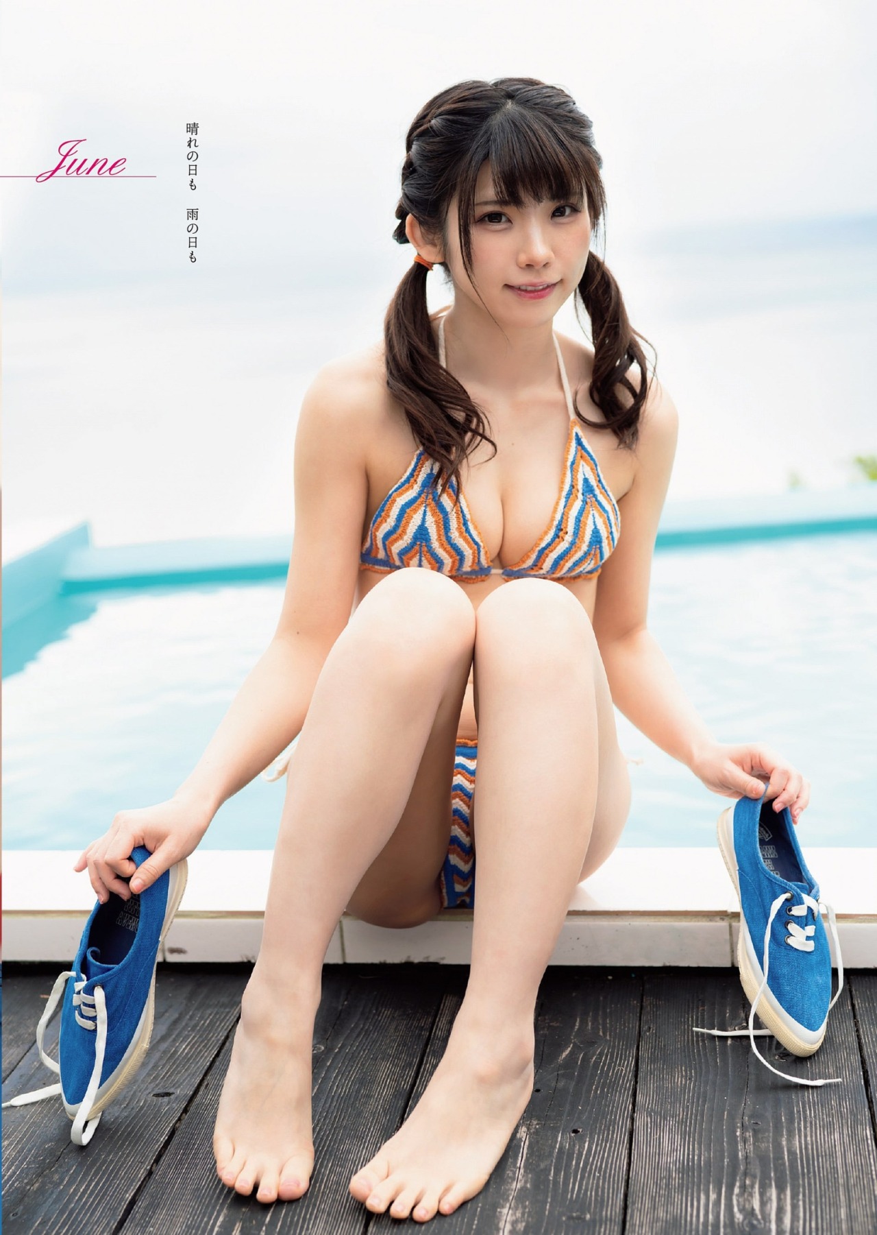 People 1280x1801 Japanese women Asian swimwear June twintails barefoot women model looking at viewer shoes boobs cleavage sitting bikini knees together blue shoes Enako Rin