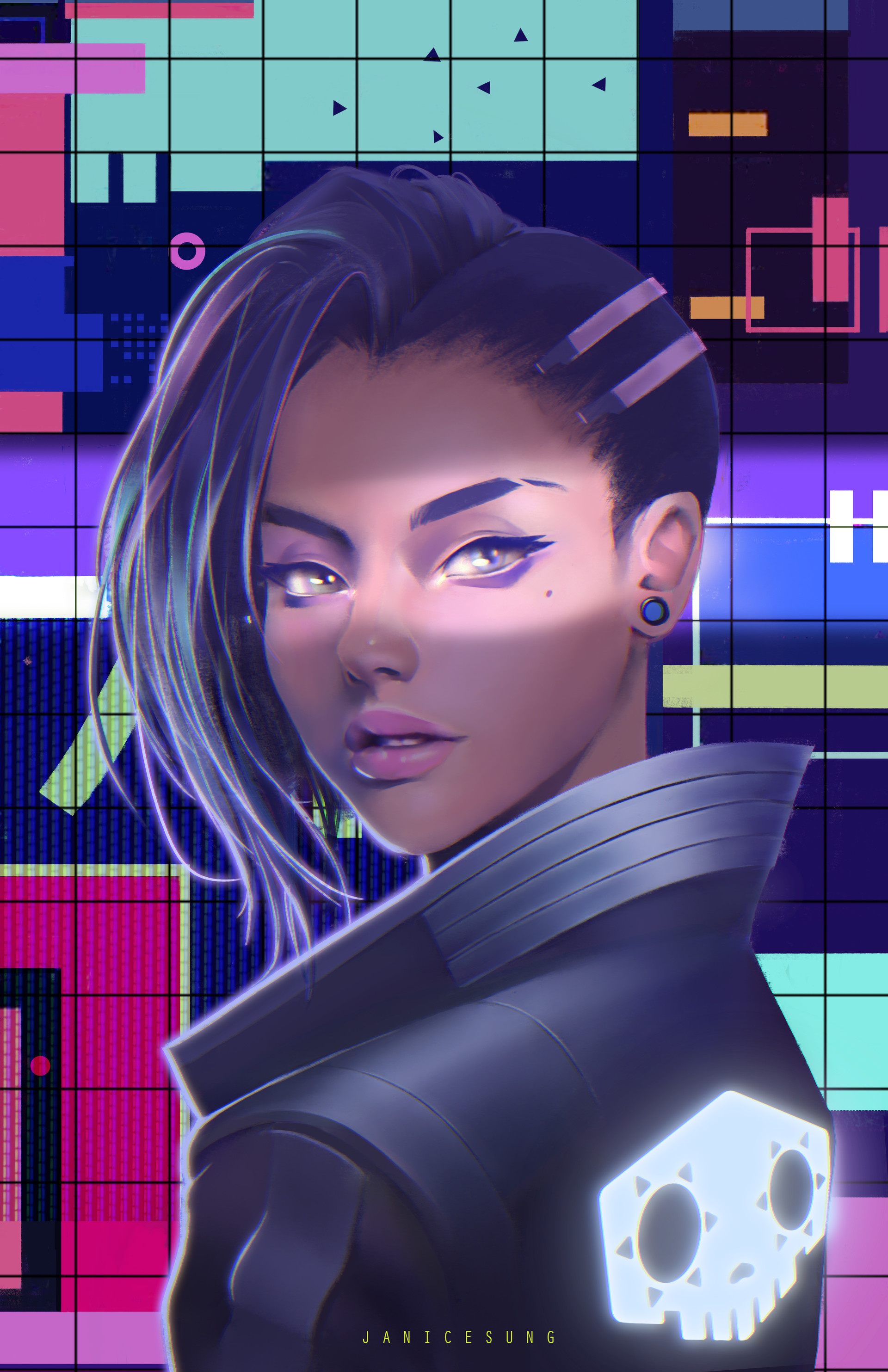 General 1920x2967 Sombra (Overwatch) neon video game characters digital art portrait display watermarked Overwatch colorful parted lips video game girls short hair