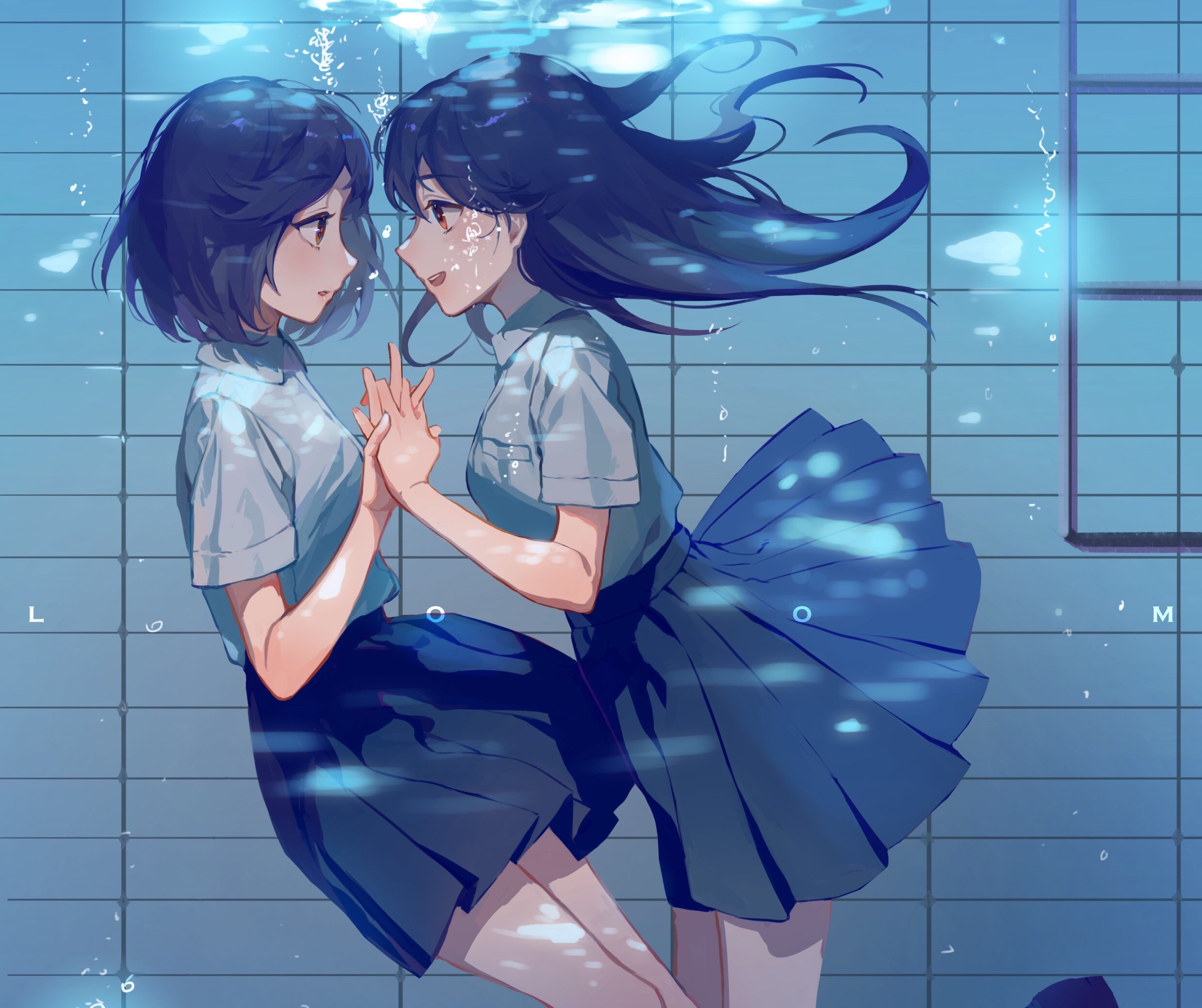 Anime 2480x2080 anime anime girls underwater holding hands yuri school uniform zhibuji loom