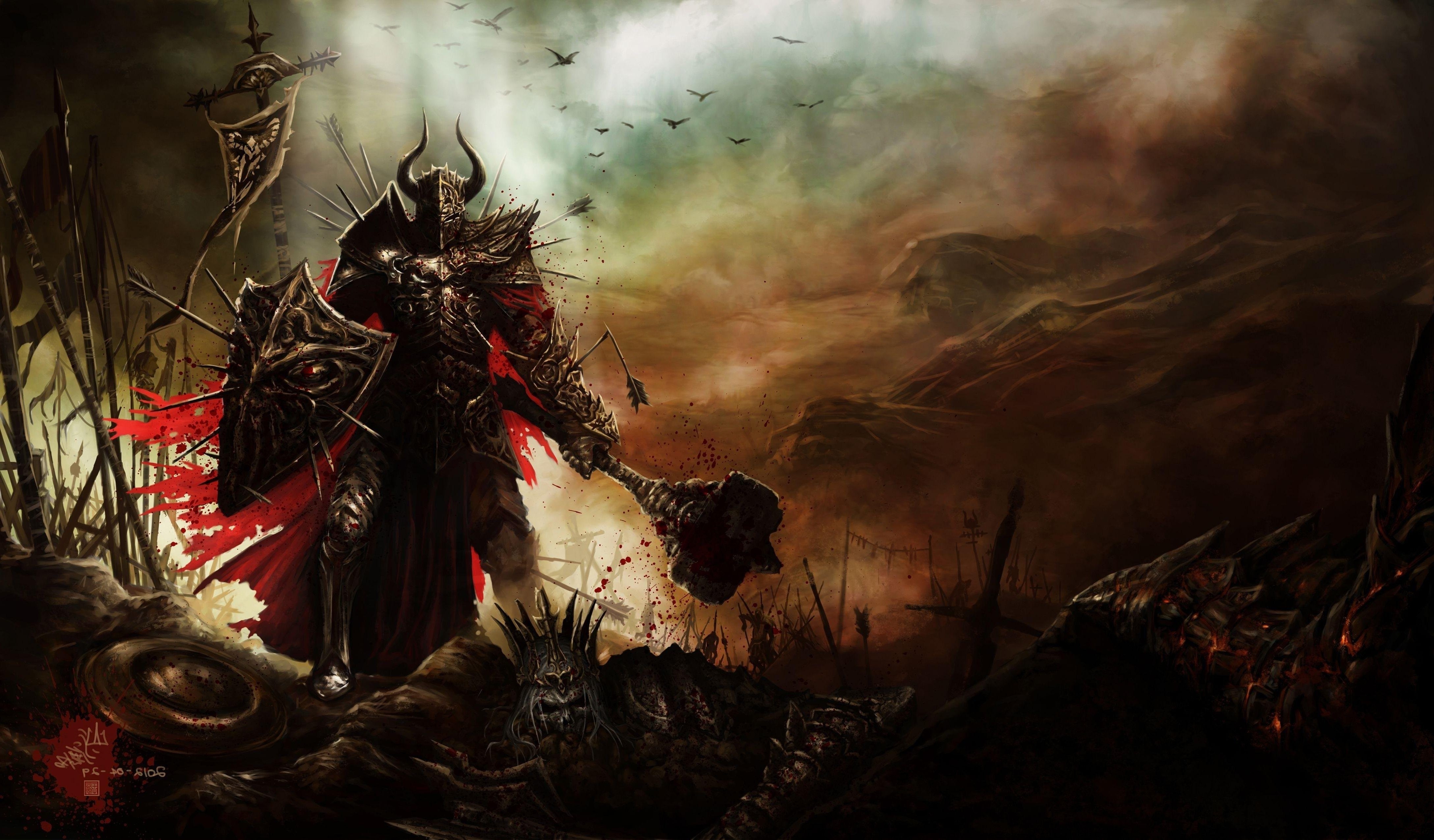 General 4350x2549 artwork fantasy art knight Diablo III Crusader (Diablo) Skeleton King  digital art