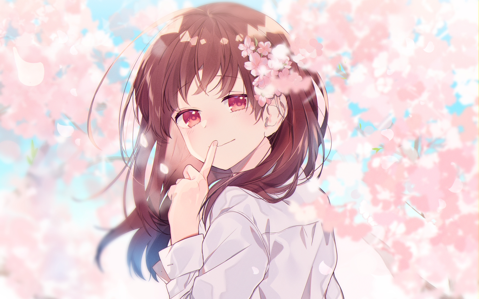 Anime 2000x1250 flowers anime girls brunette red eyes blossoms cherry blossom Omutatsu