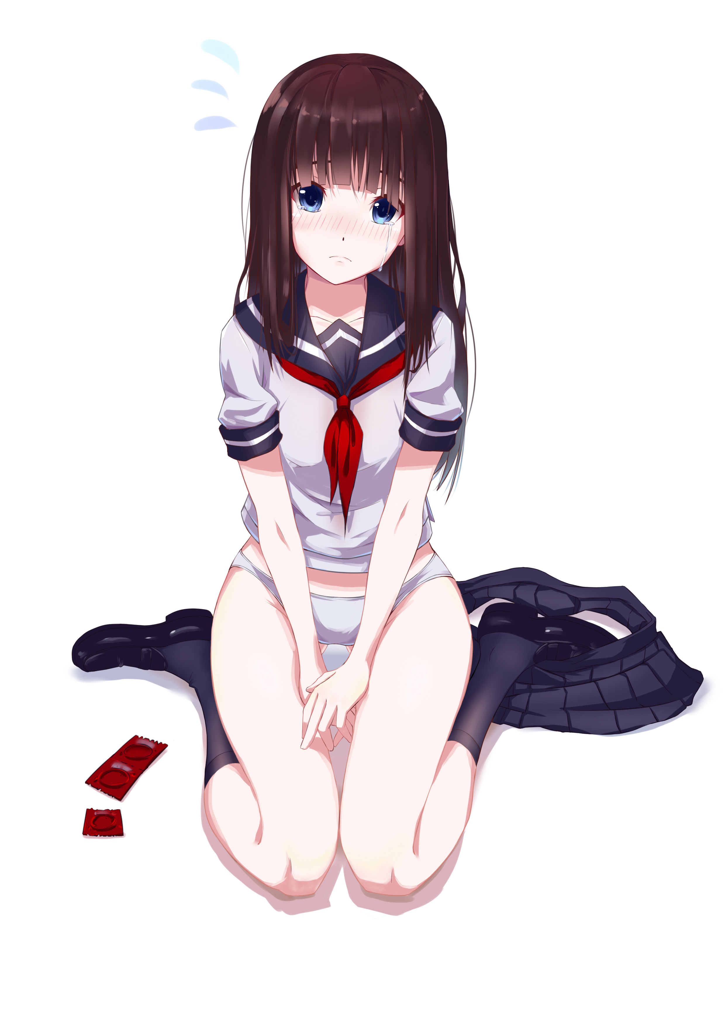 Anime 2480x3507 panties school uniform simple background anime girls kneeling blushing tears condom blue eyes brunette artwork Chen Ghh