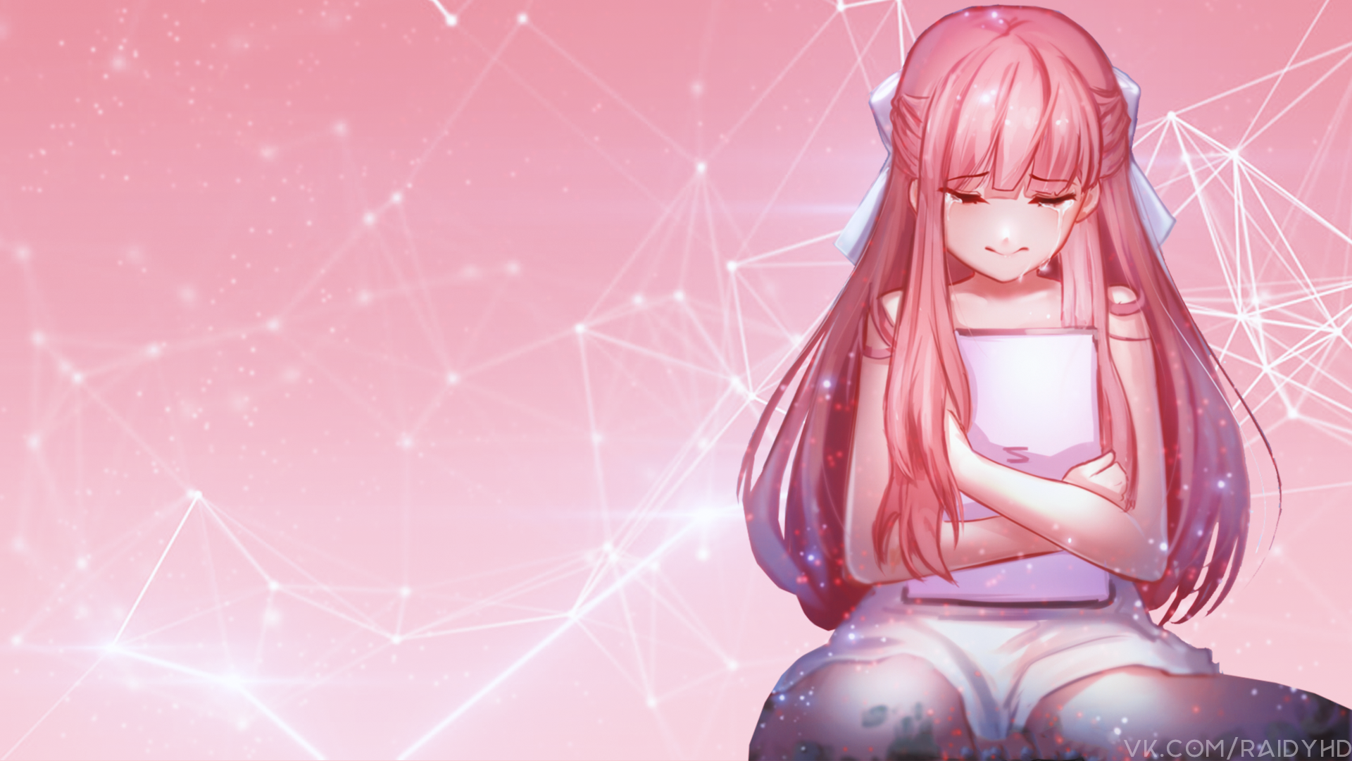 Anime 1920x1080 anime anime girls Rin (Shelter) shelter pink hair hair ribbon long hair crying tablet  pink background watermarked