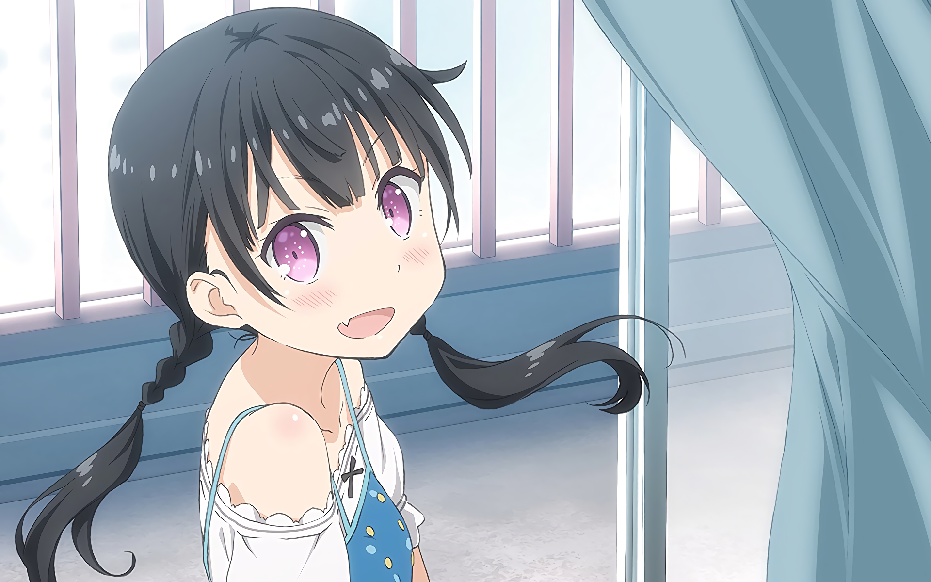 Anime 1920x1200 One Room anime girls Momohara Natsuki loli smiling black hair purple eyes