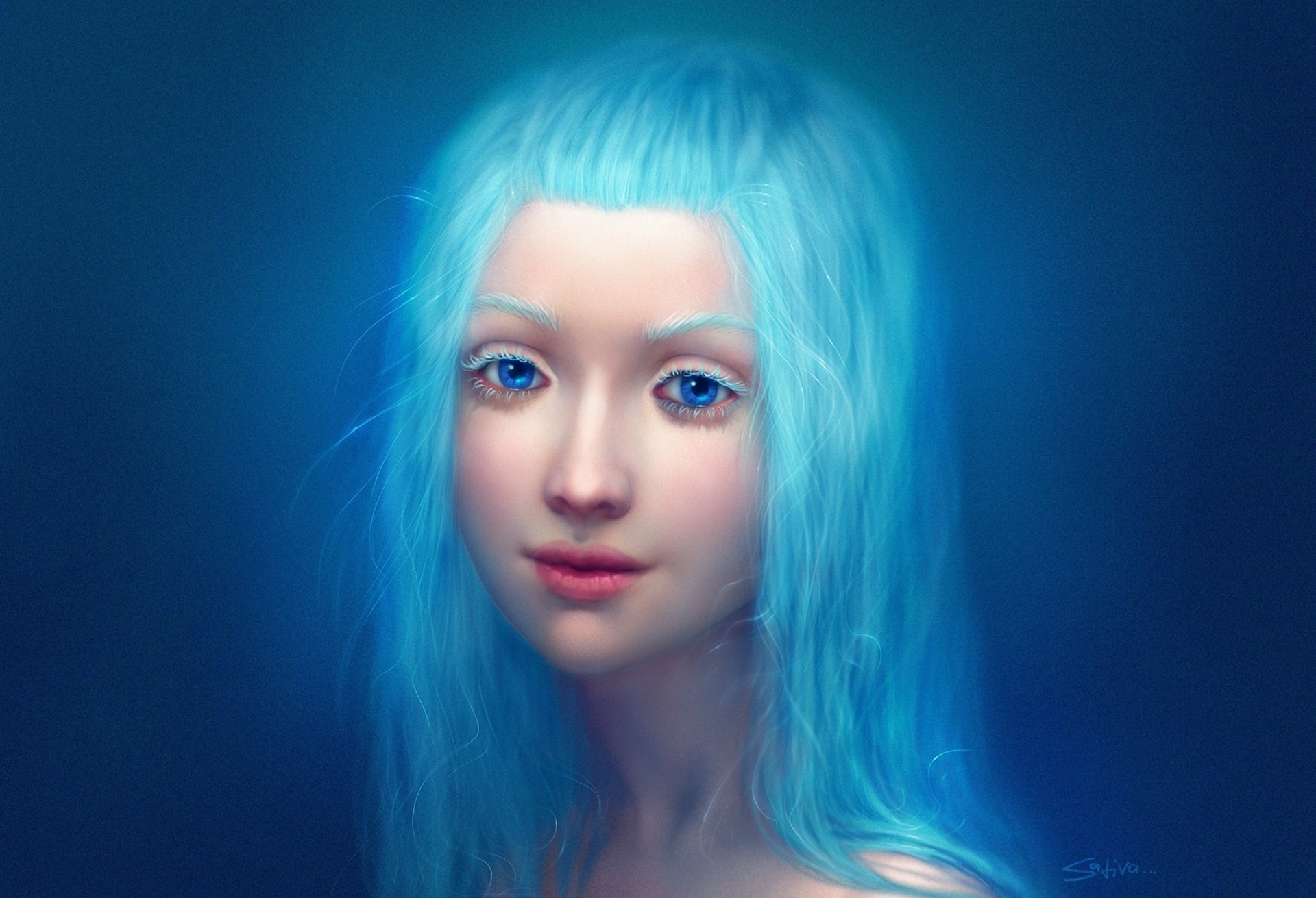 General 1920x1311 women blue hair fantasy girl portrait face digital art watermarked simple background