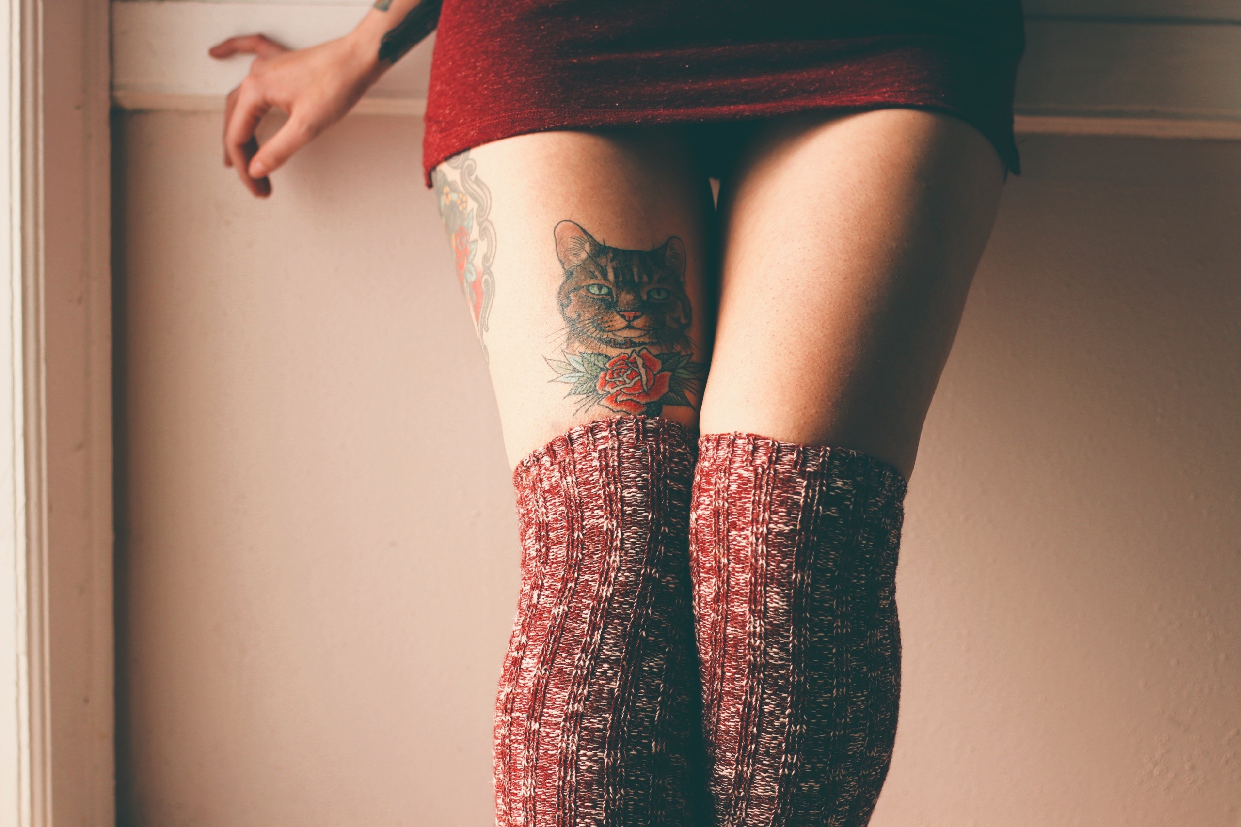 People 2560x1707 legs socks tattoo women model zettai ryouiki red socks thigh high socks knees together minidress standing