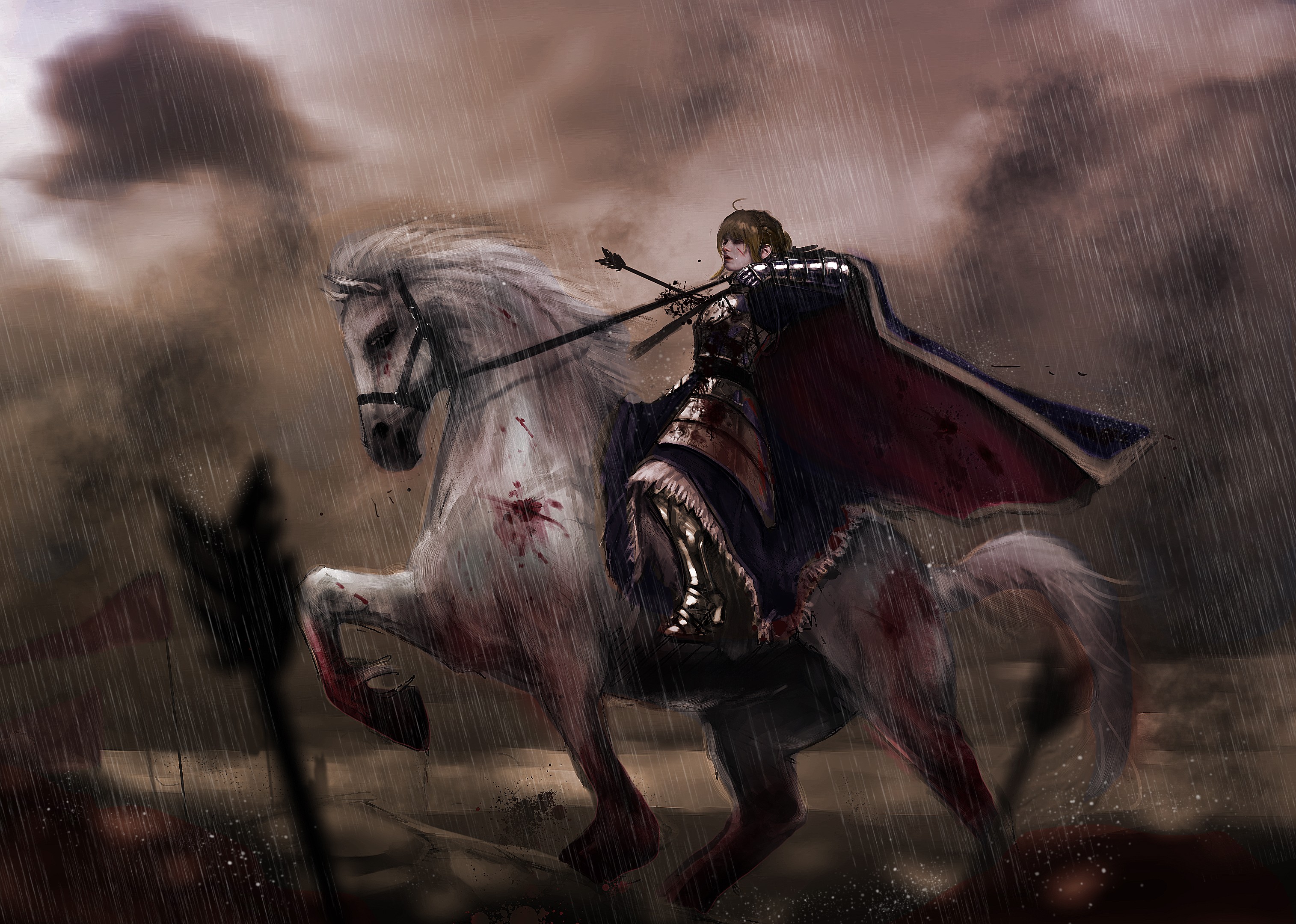 Anime 3029x2160 Fate/Stay Night anime girls Saber Fate/Zero Fate series female warrior armored woman 2D horse riding arrows injured blood stains blood spatter ahoge bangs blue dress rain anime clouds cape gauntlets Artoria Pendragon fan art