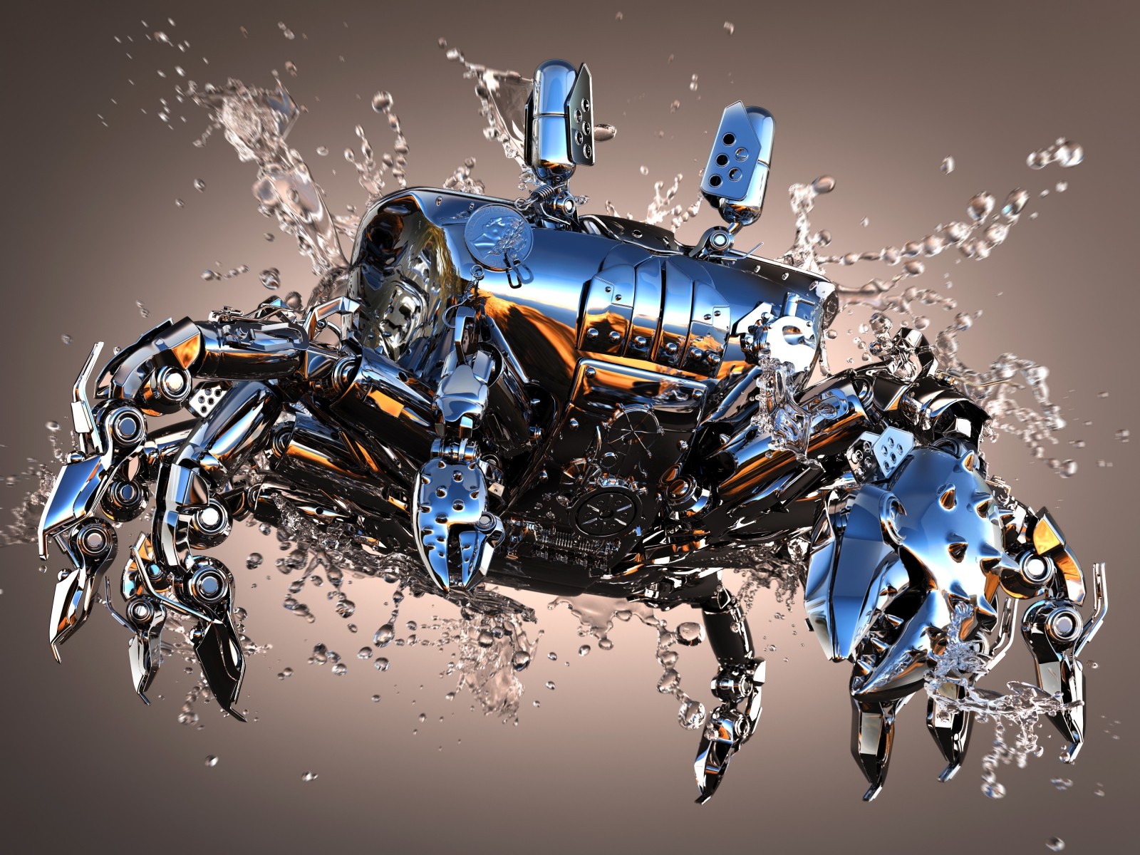 General 1600x1200 digital art animals CGI splashes metal water drops simple background crabs reflection claws