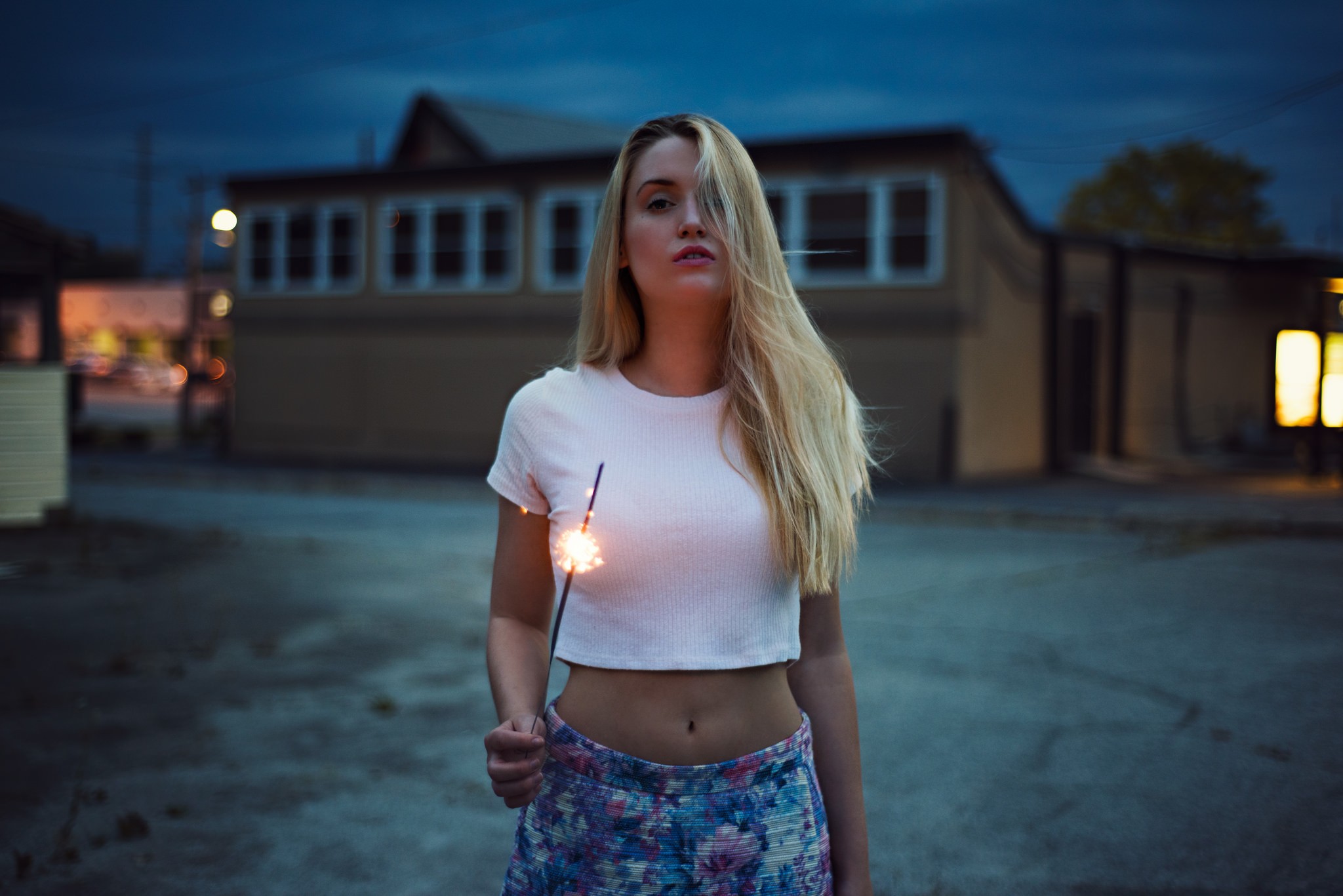 People 2048x1367 women blonde sparkler looking at viewer hair in face short tops belly women outdoors crop top